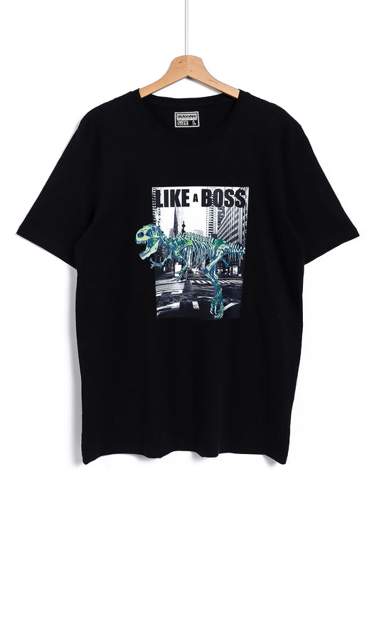 97385 "Like A Boss" Printed Round Collar T-Shirt - Black