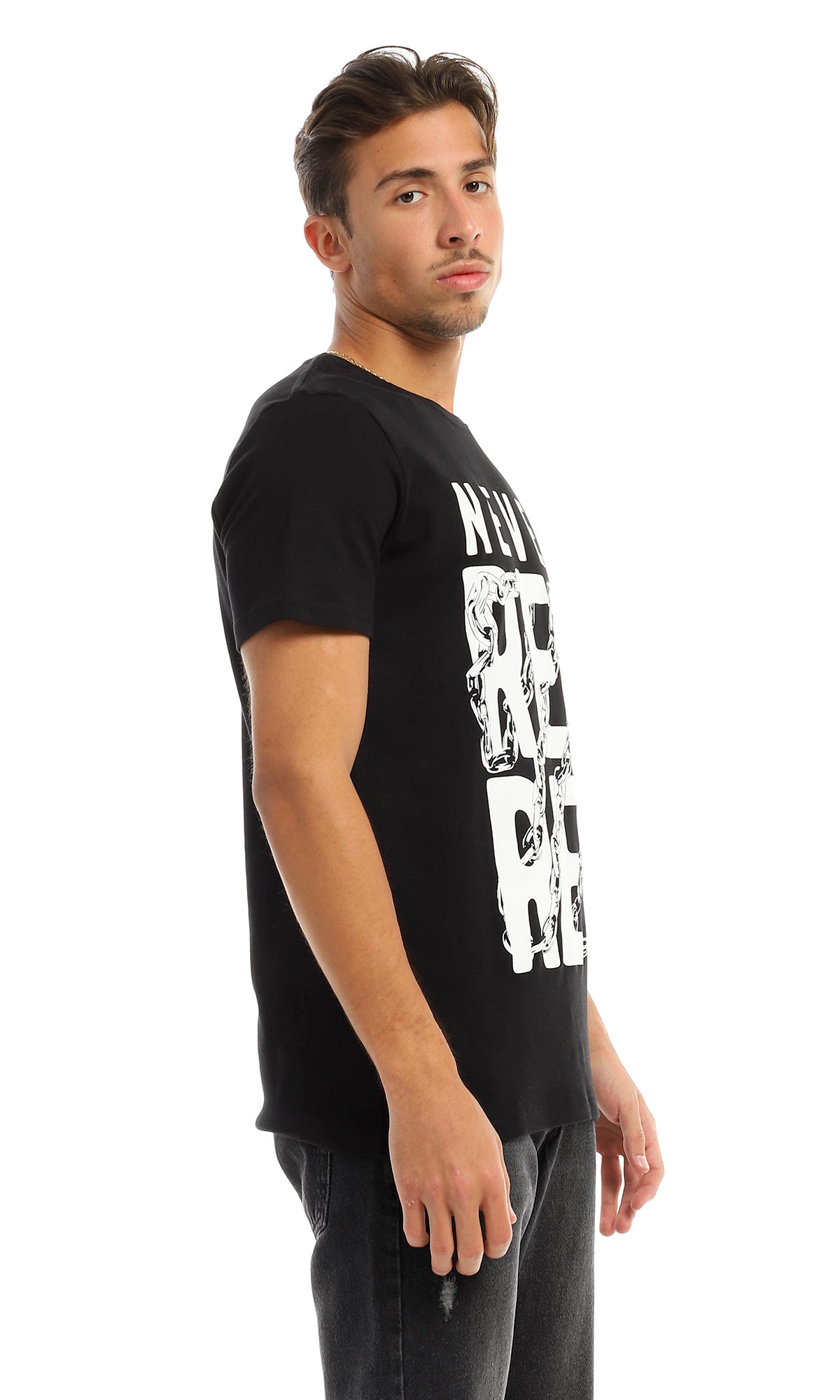 97402 "Never Regret " Printed Round Black T-Shirt