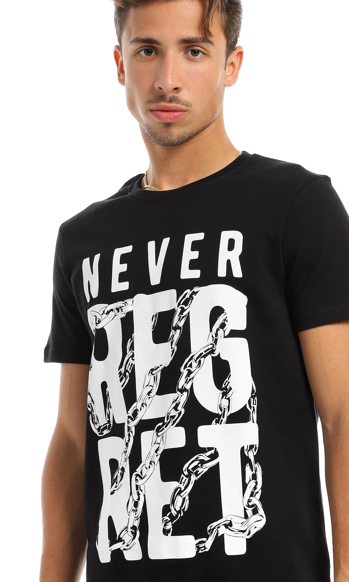 97402 "Never Regret " Printed Round Black T-Shirt