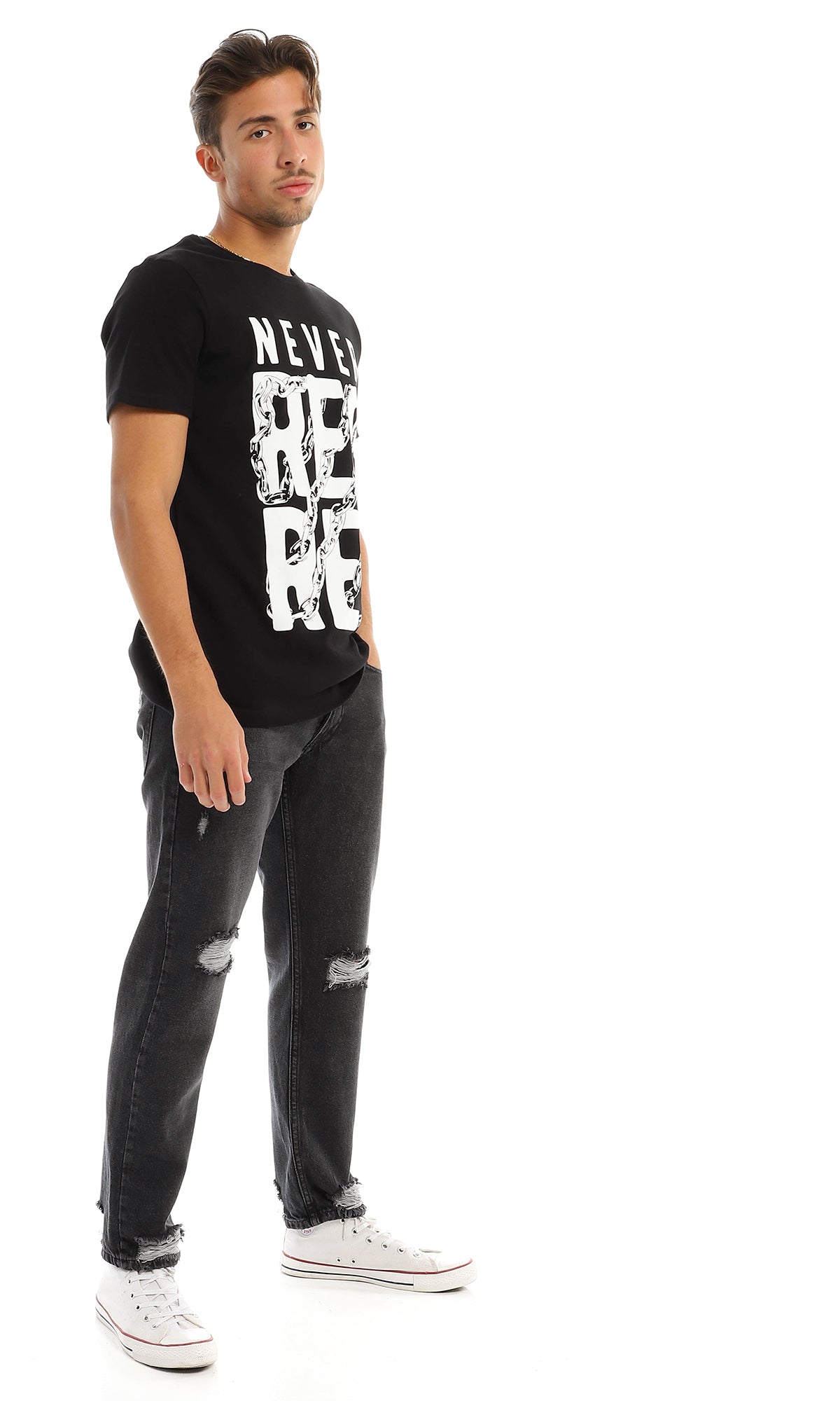 97402 "Never Regret " Printed Round Black T-Shirt