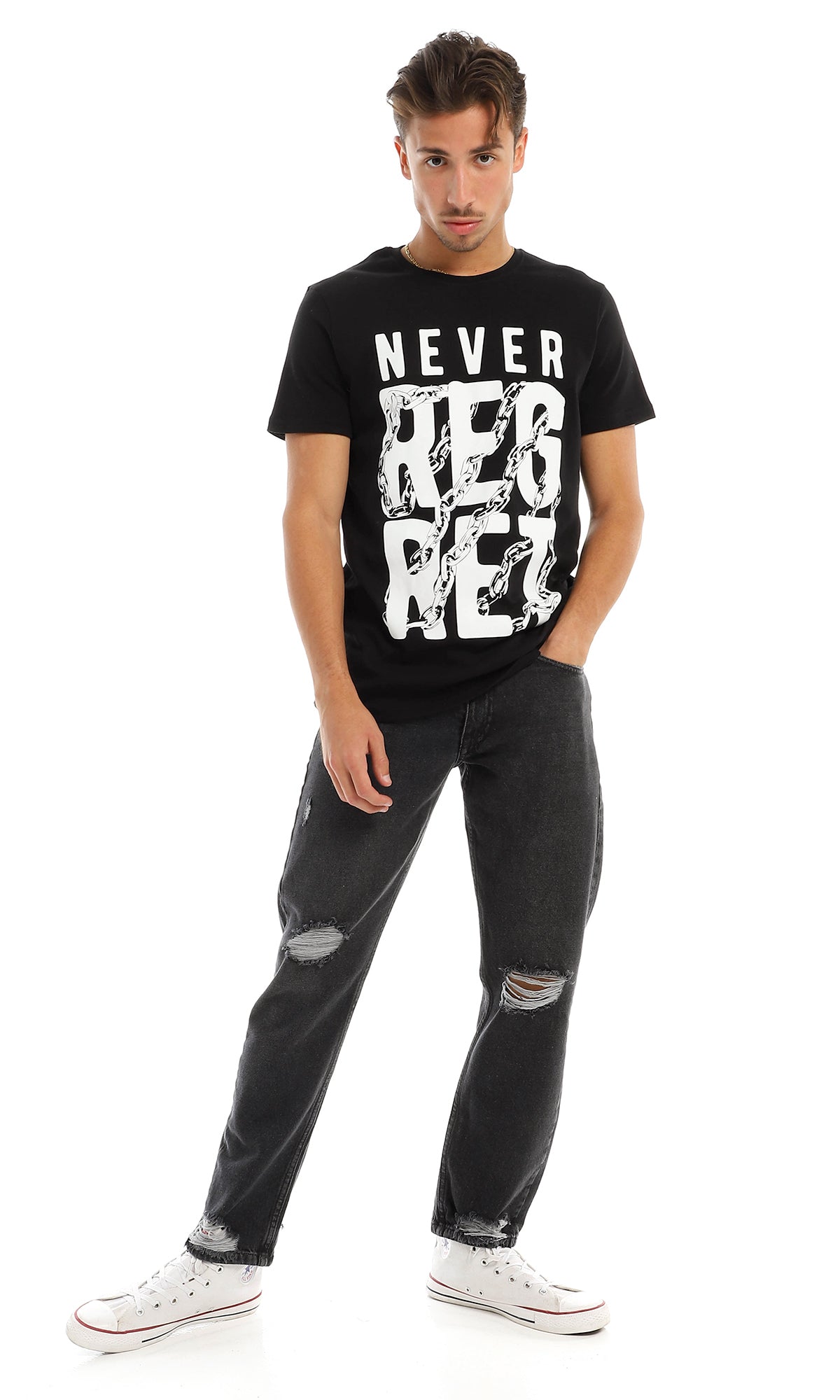 97402 "Never Regret " Printed Round Black T-Shirt