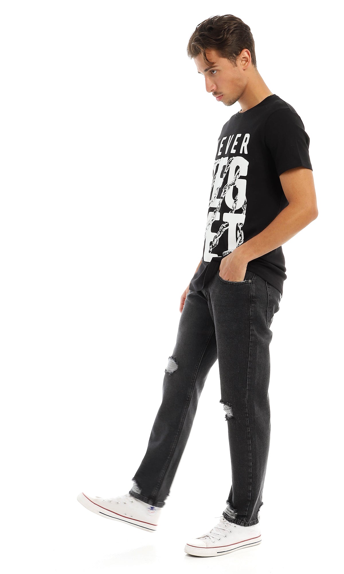 97402 "Never Regret " Printed Round Black T-Shirt