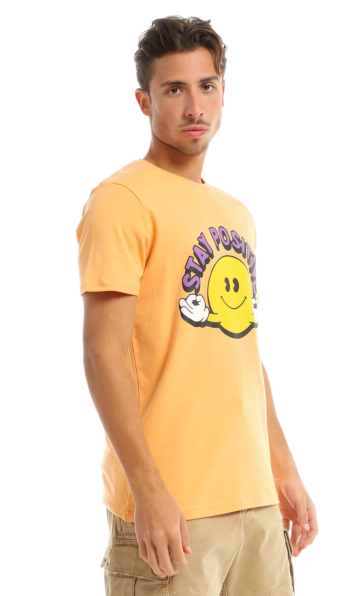 97410 "Stay Positive" Printed Orange Round T-Shirt