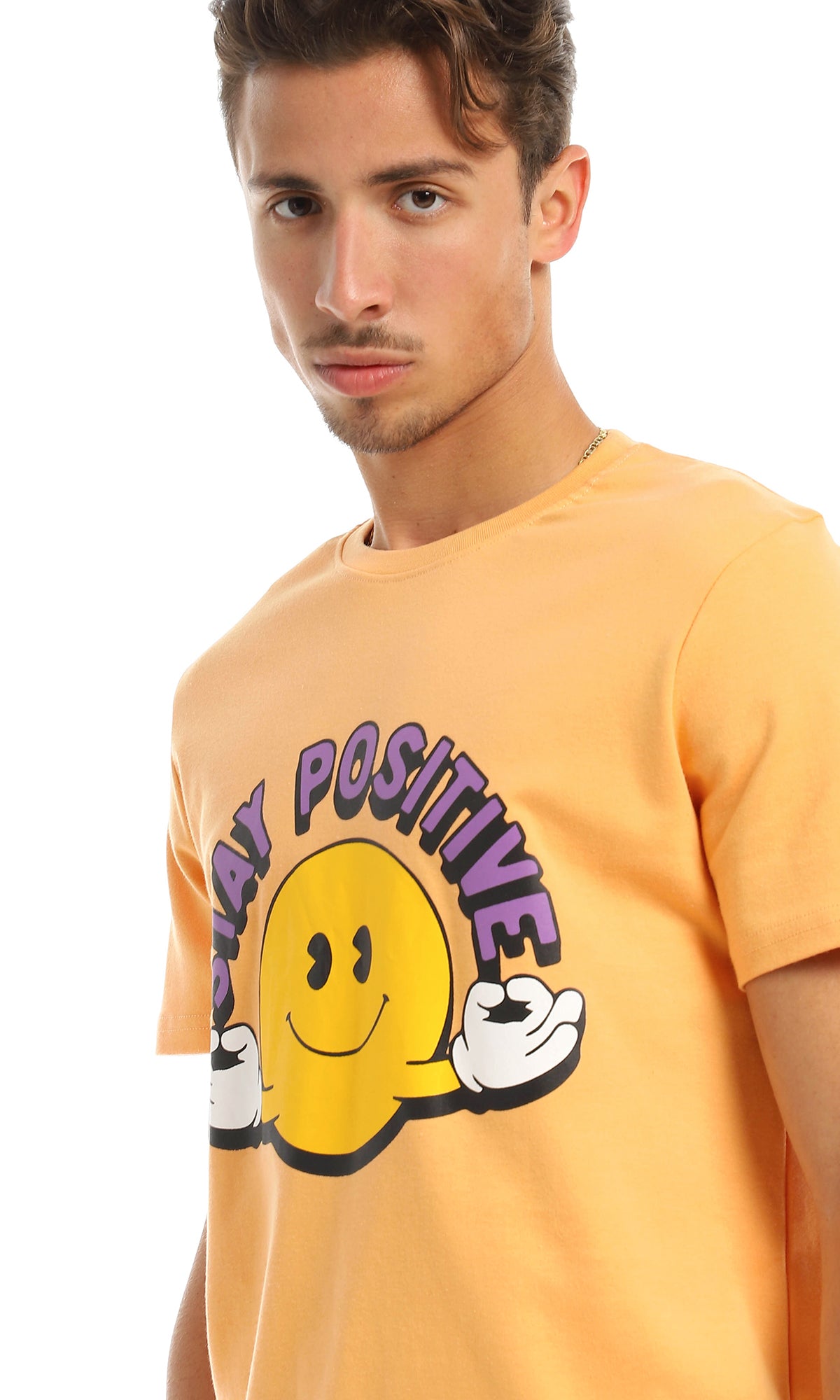 97410 "Stay Positive" Printed Orange Round T-Shirt