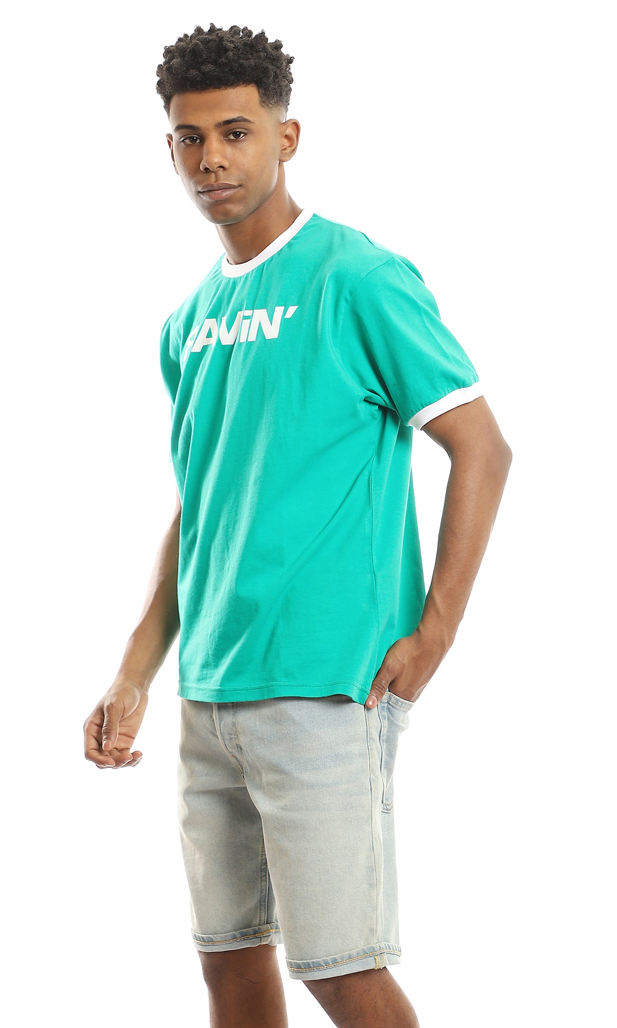 97413 White Neck & Sleeves Trim Printed Green Tee