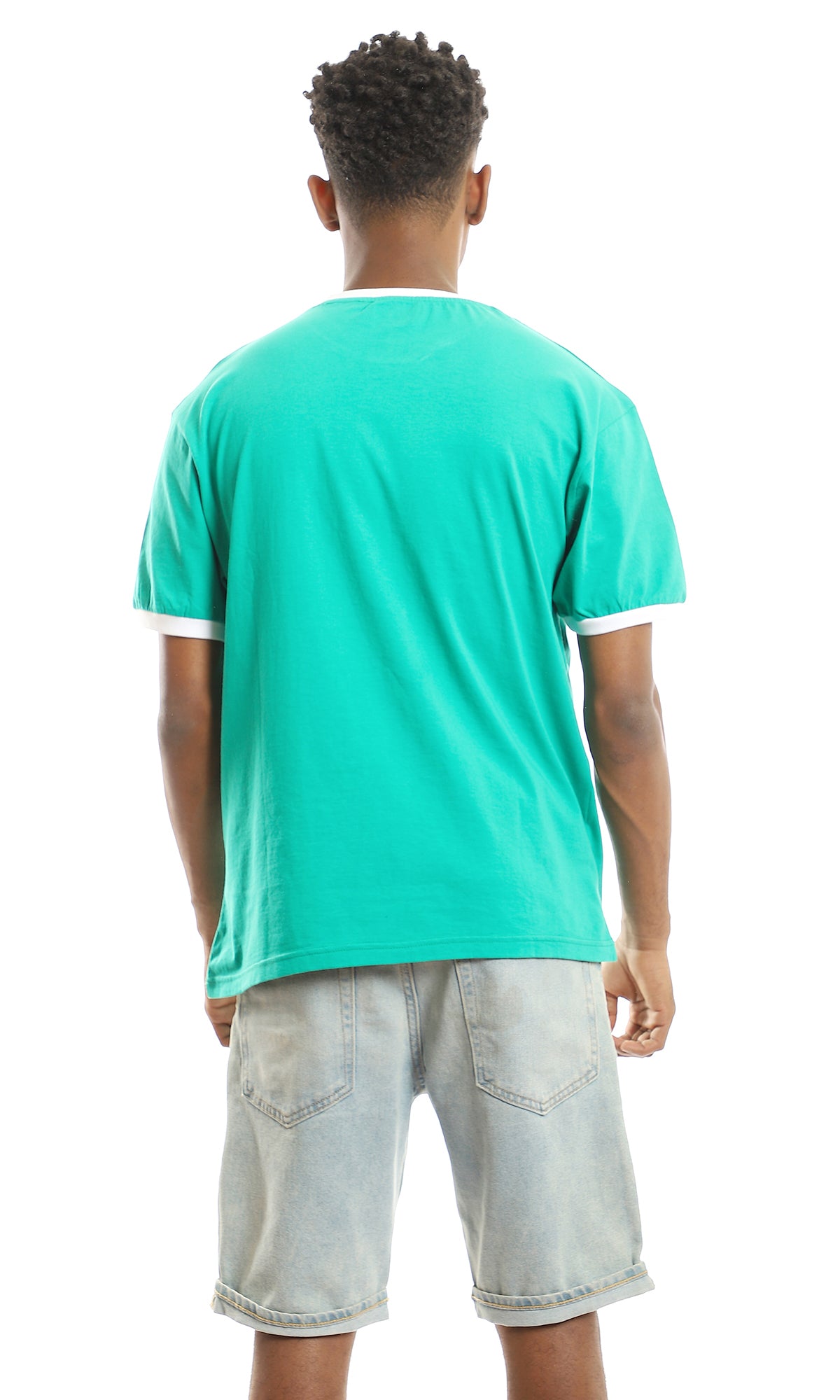 97413 White Neck & Sleeves Trim Printed Green Tee