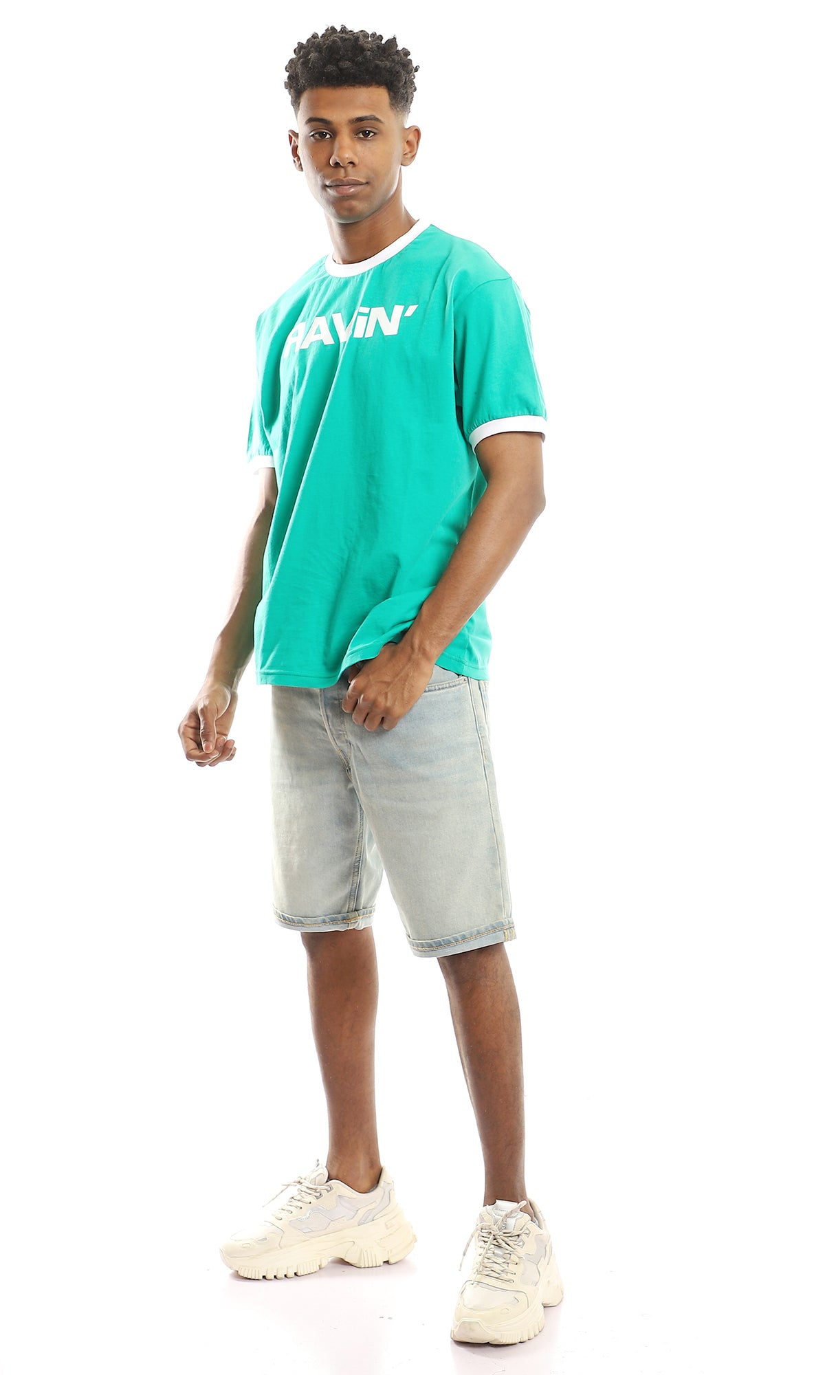 97413 White Neck & Sleeves Trim Printed Green Tee