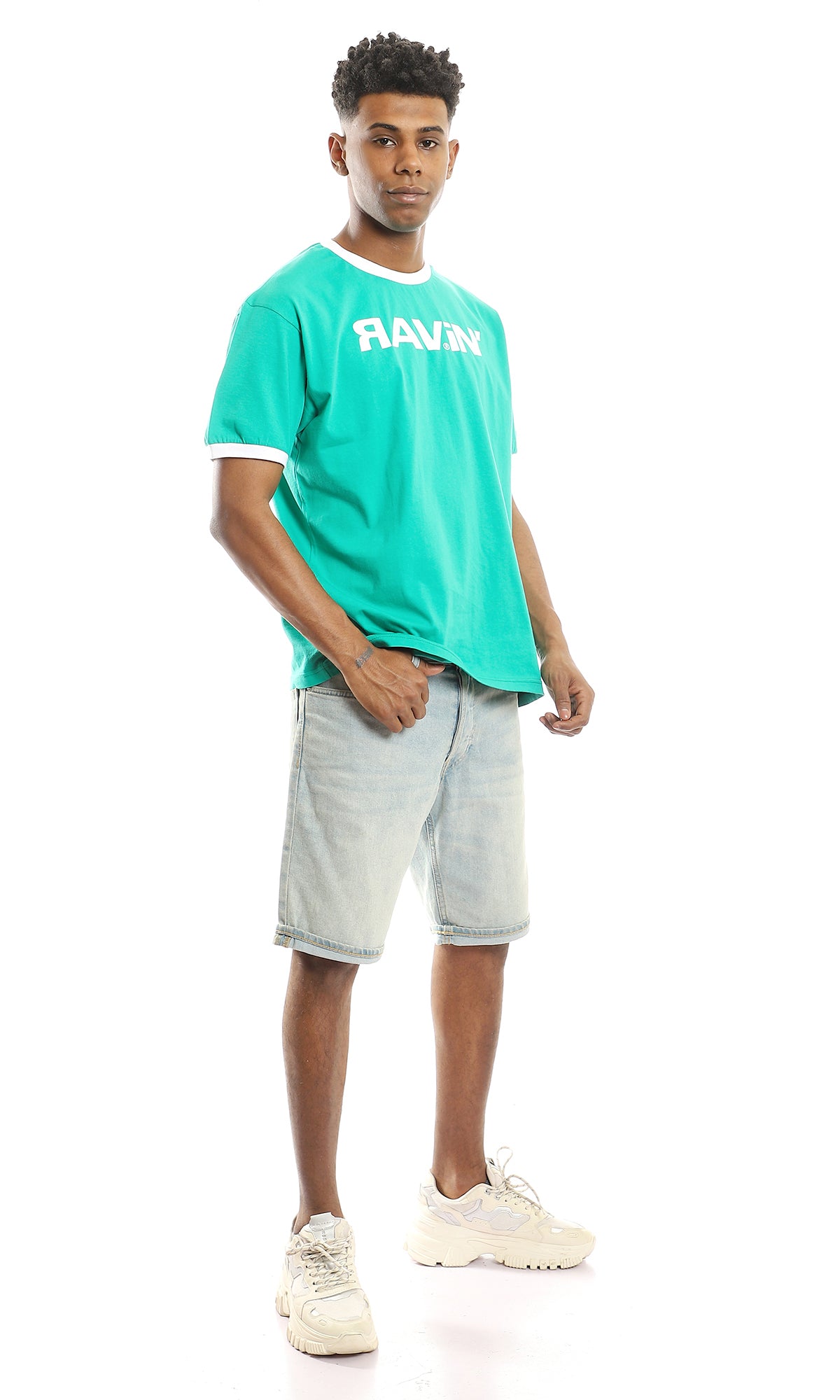 97413 White Neck & Sleeves Trim Printed Green Tee