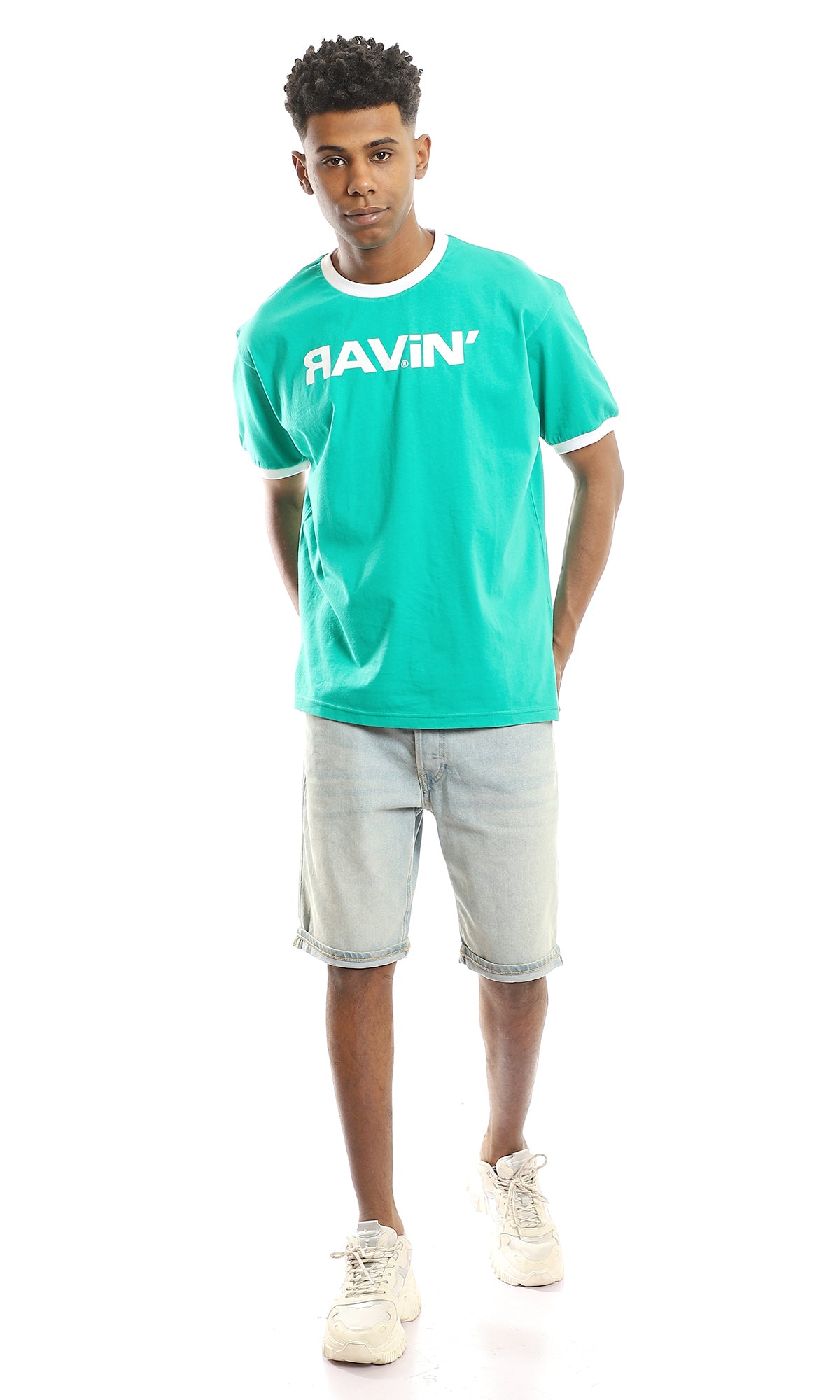97413 White Neck & Sleeves Trim Printed Green Tee