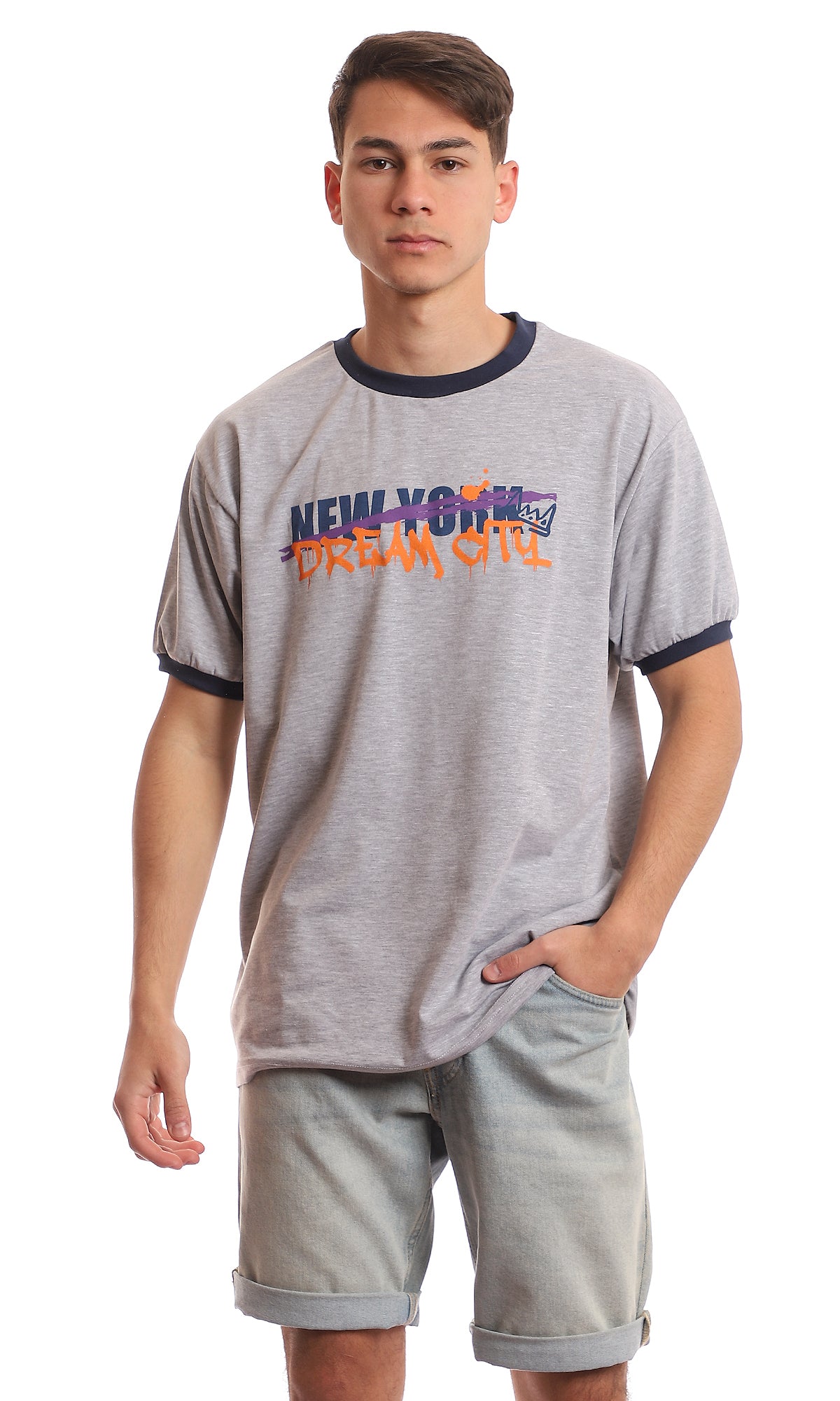 97416 Printed Round Neck Cotton Summer Tee - Heather Grey