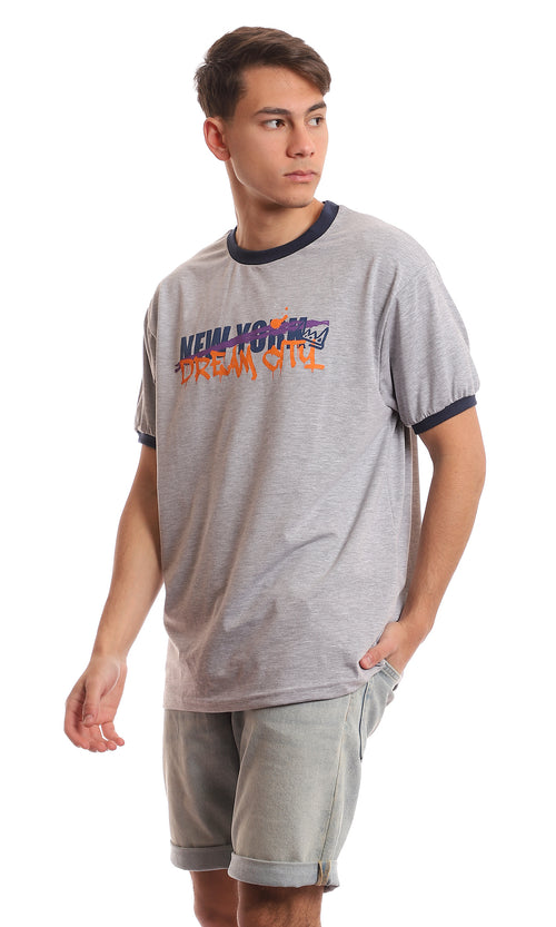 97416 Printed Round Neck Cotton Summer Tee - Heather Grey