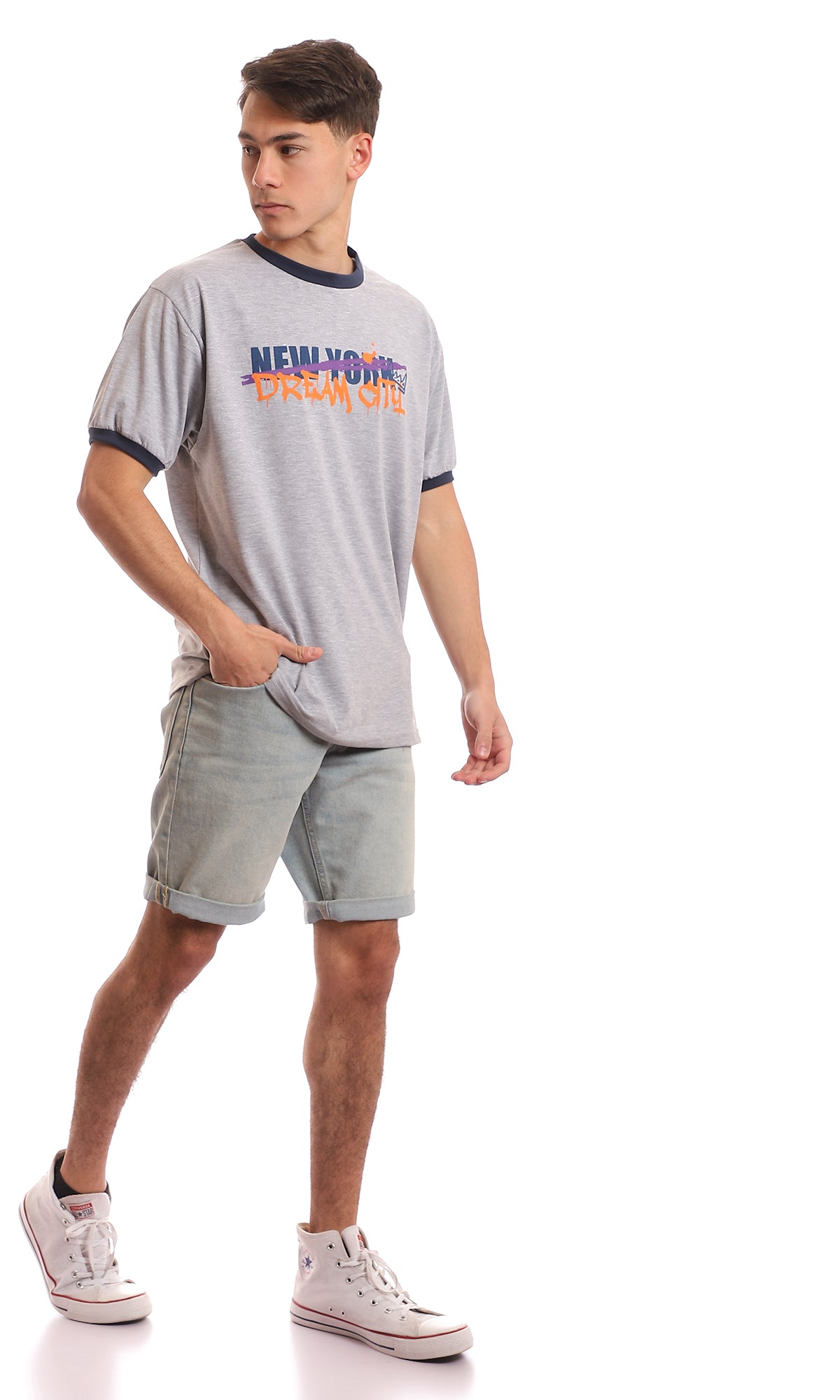 97416 Printed Round Neck Cotton Summer Tee - Heather Grey