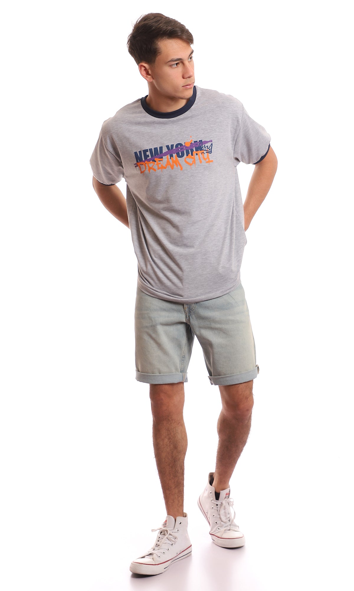 97416 Printed Round Neck Cotton Summer Tee - Heather Grey