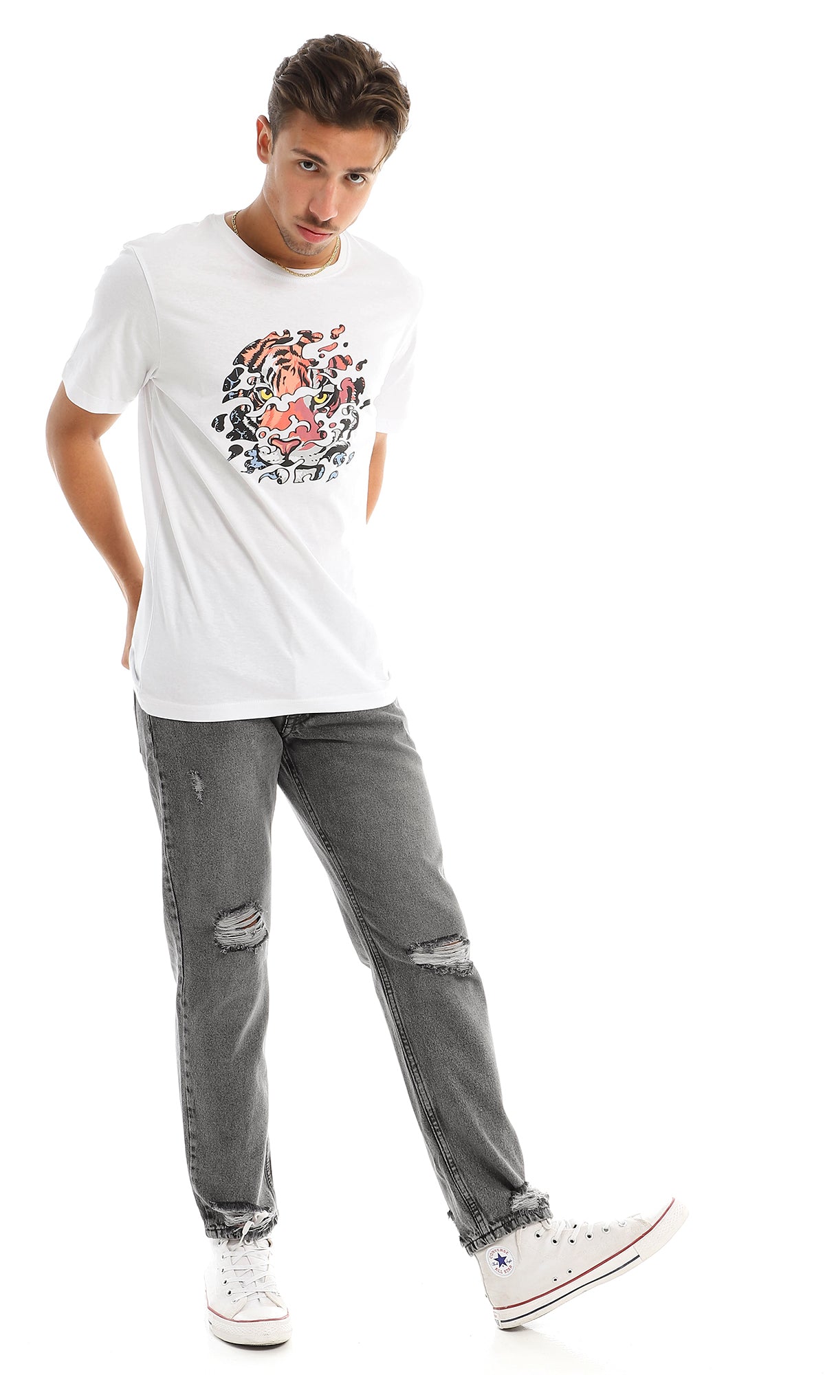 White Tiger Graphic & Narrative Back Print Tee - 97417