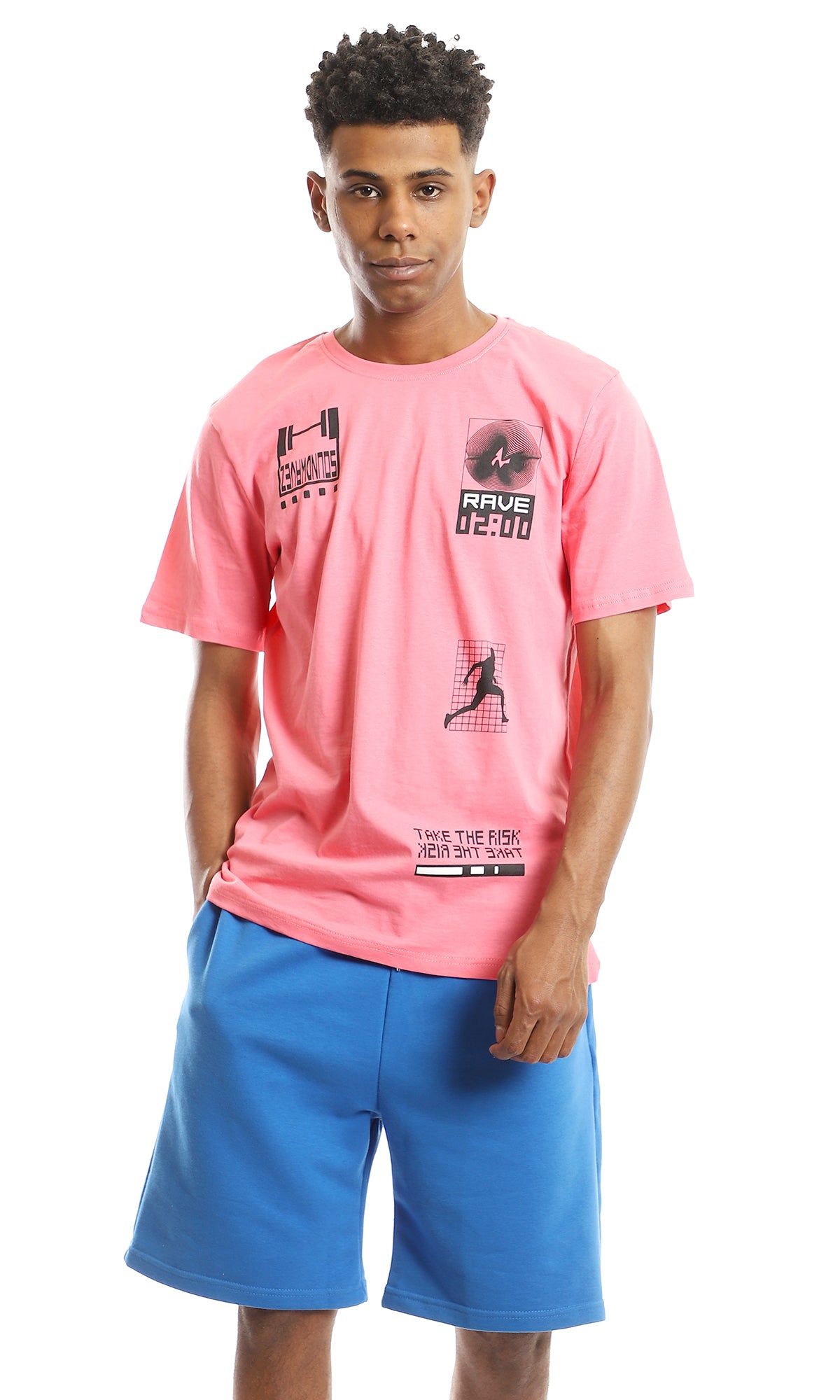 97419 Multi-Printings Round Slip On Dark Pink T-Shirt