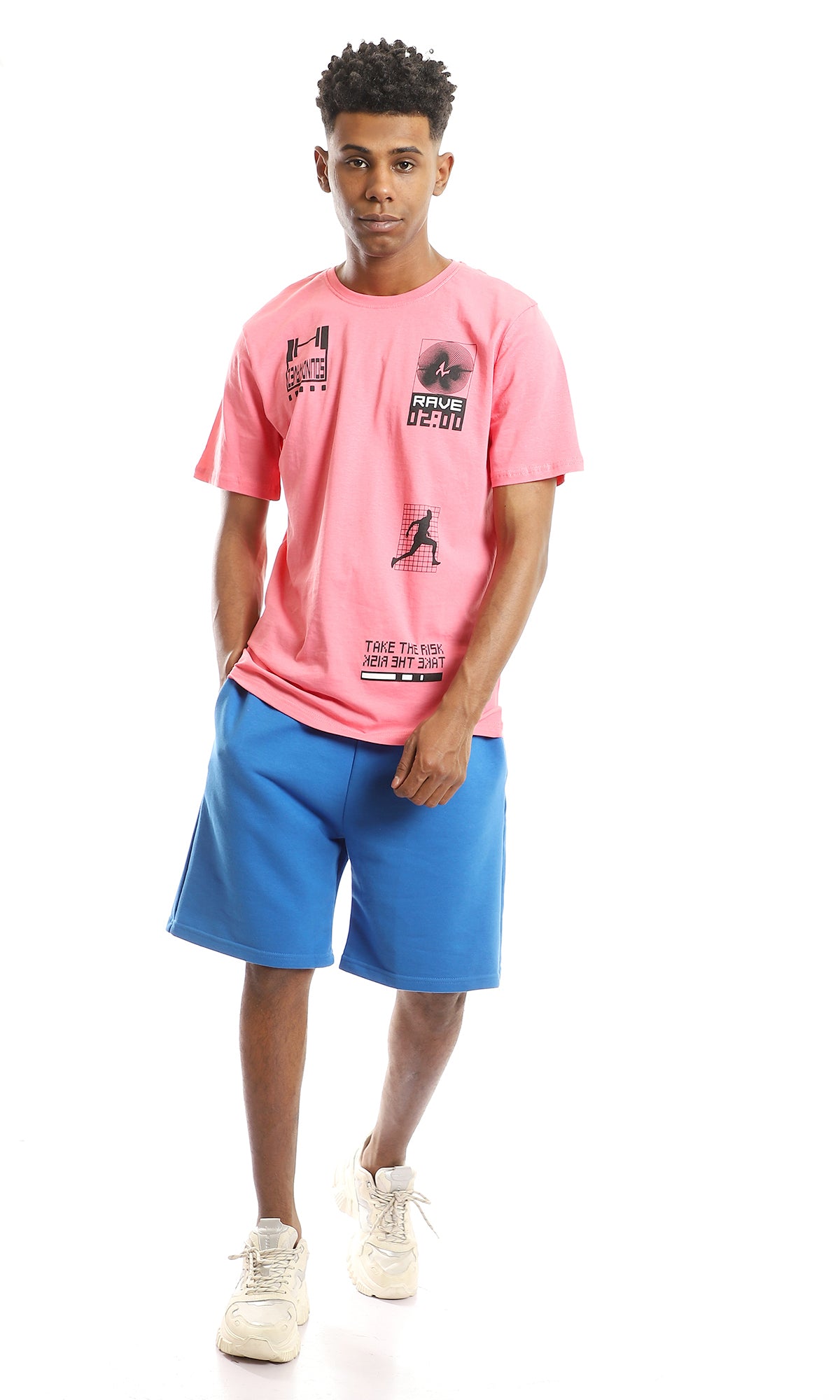 97419 Multi-Printings Round Slip On Dark Pink T-Shirt