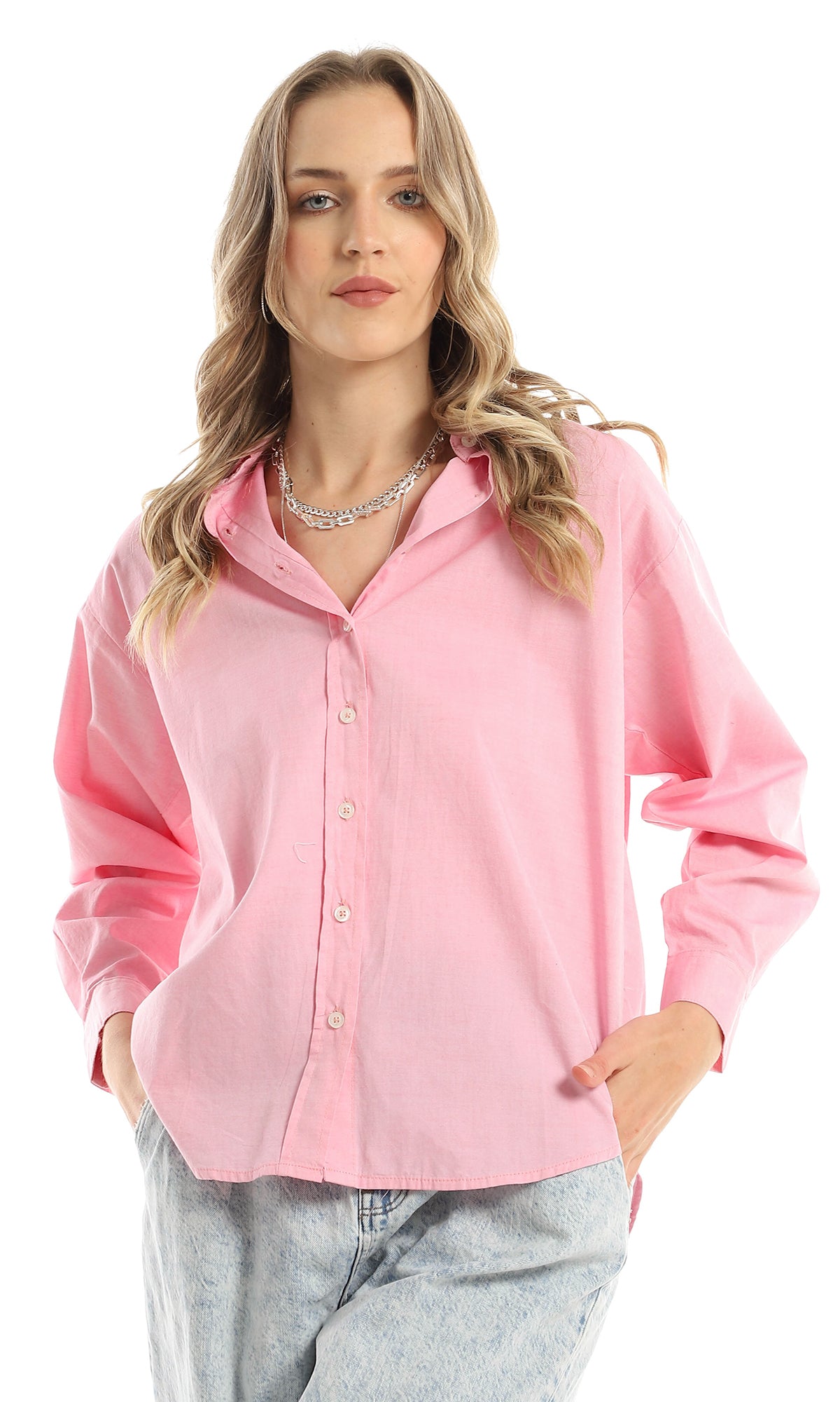 97458 Full Buttoned Long Sleeves Basic Classic Pink Shirt