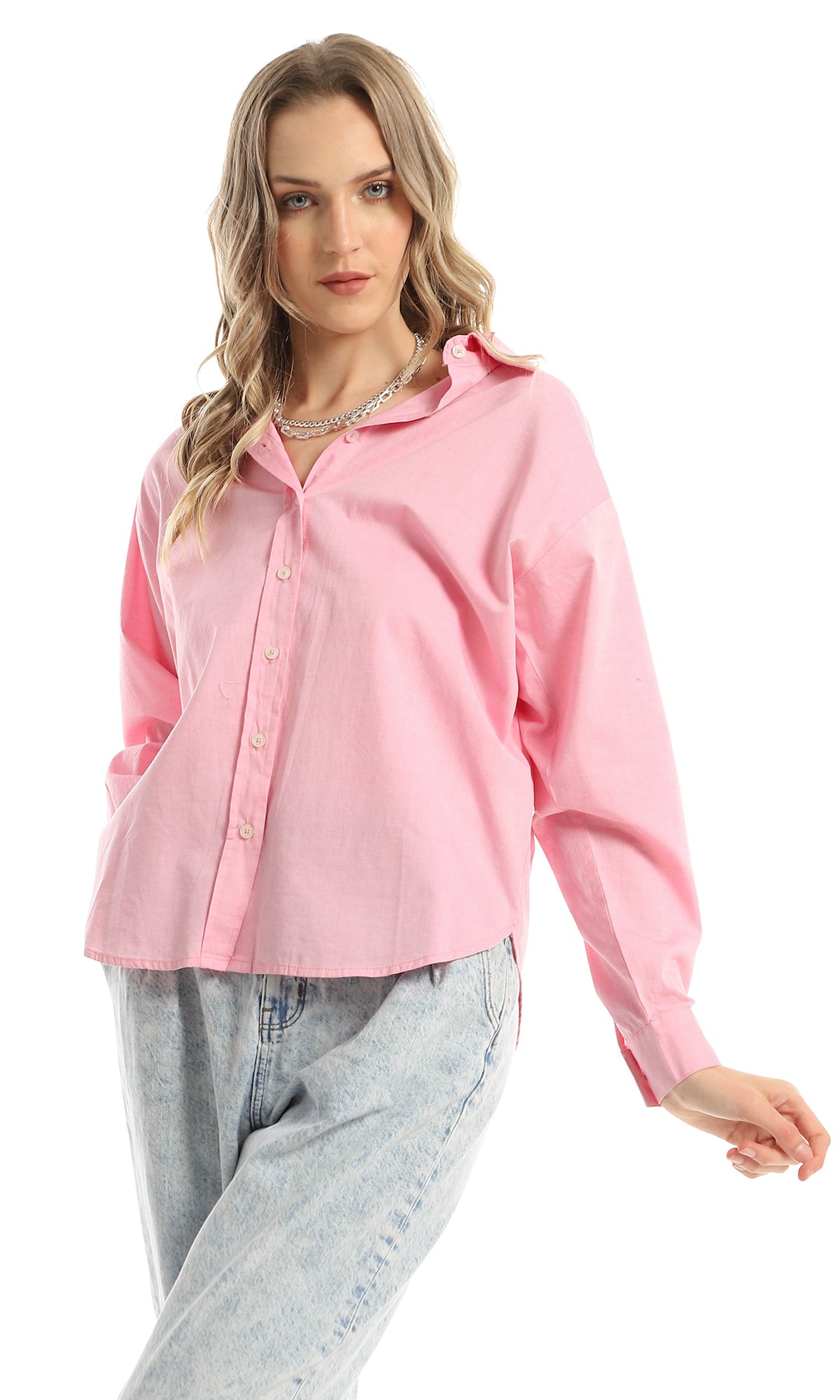 97458 Full Buttoned Long Sleeves Basic Classic Pink Shirt