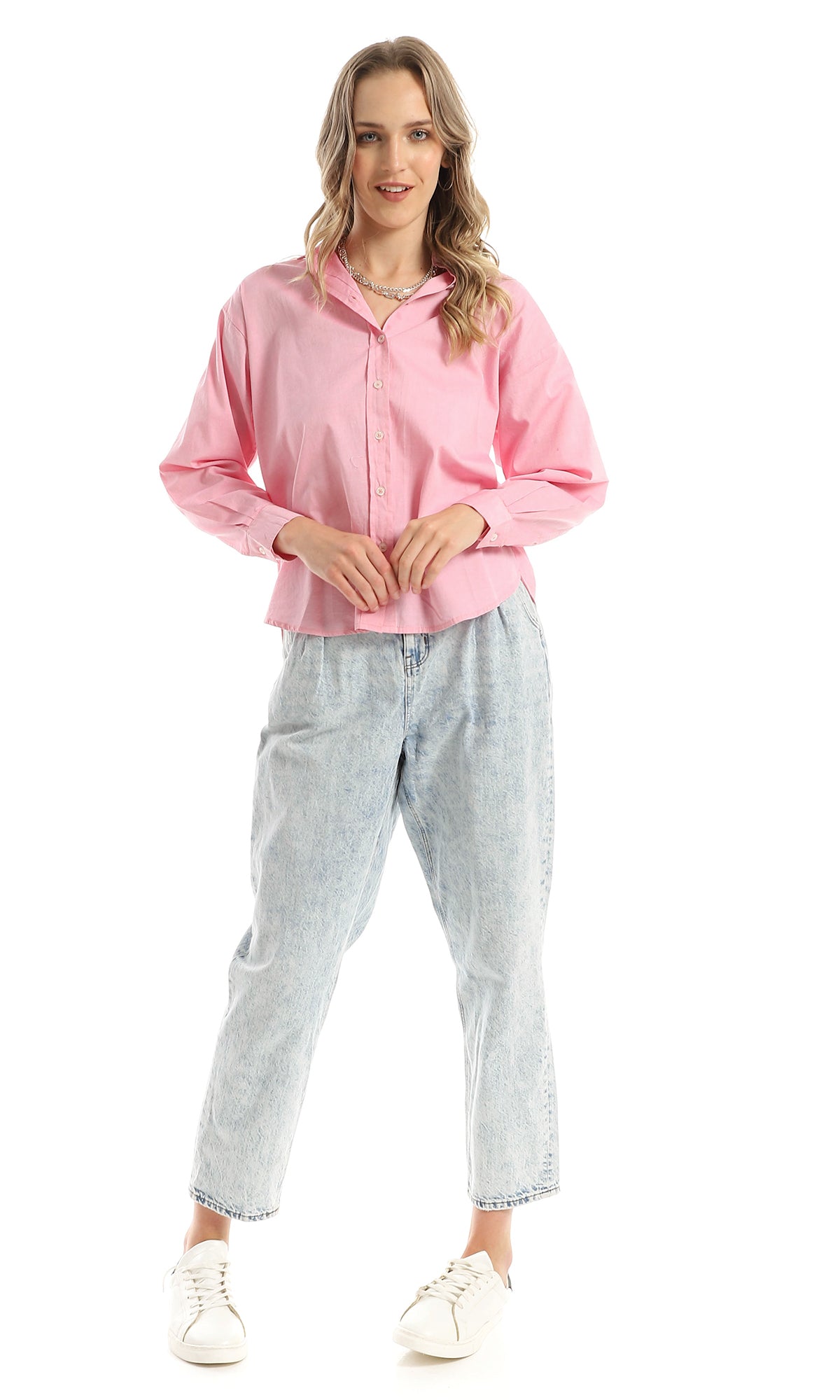 97458 Full Buttoned Long Sleeves Basic Classic Pink Shirt