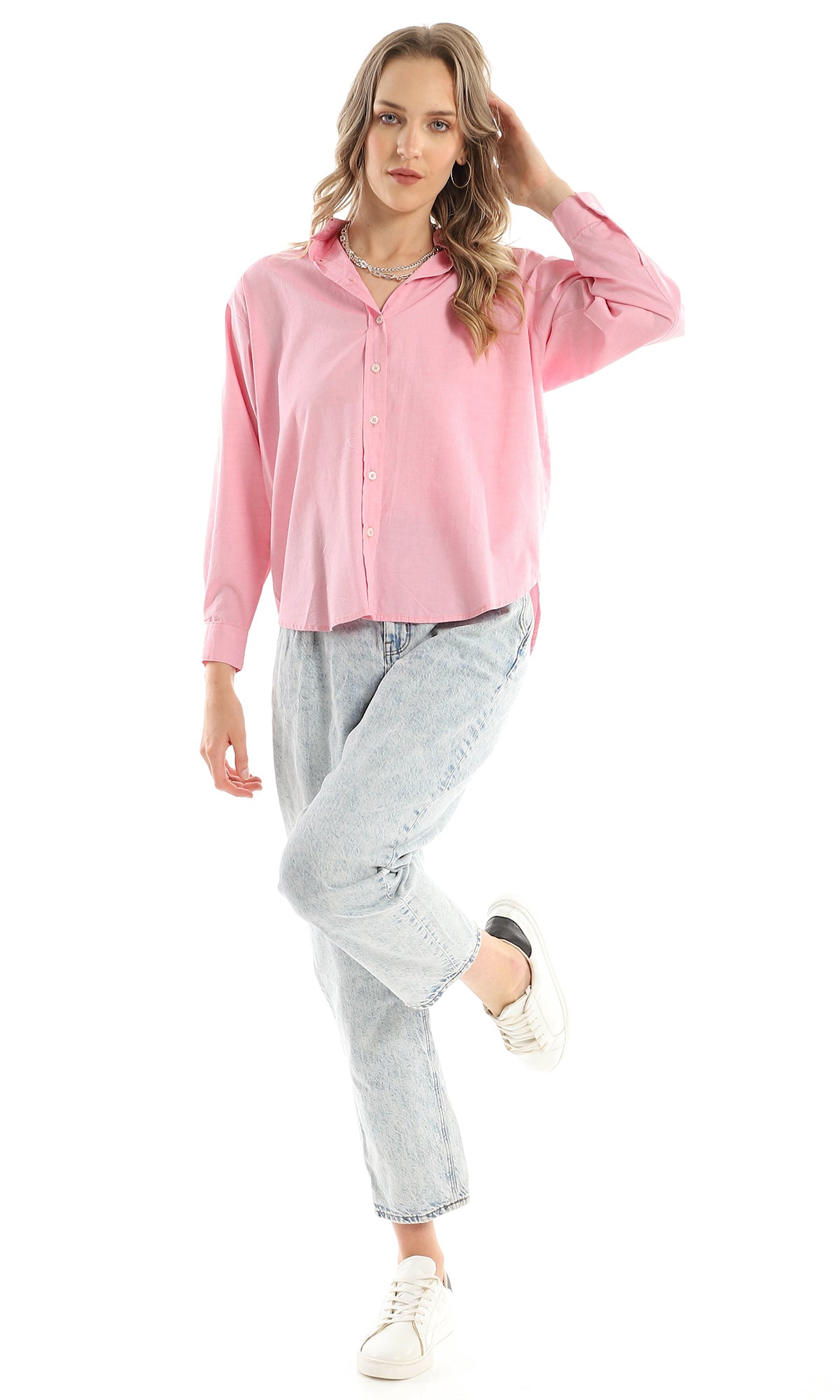 97458 Full Buttoned Long Sleeves Basic Classic Pink Shirt