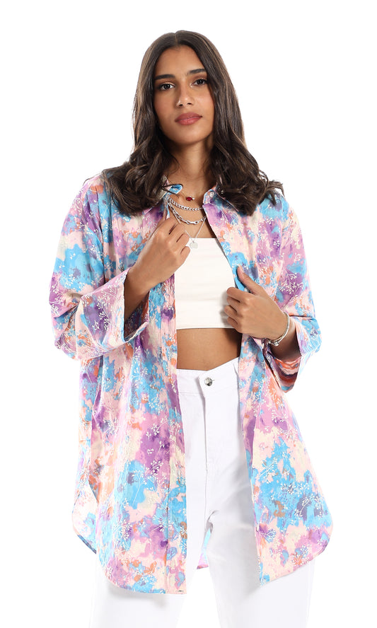 97468 White Stitching Flowers Over Purple, Pink, Simon & Turquoise Shirt