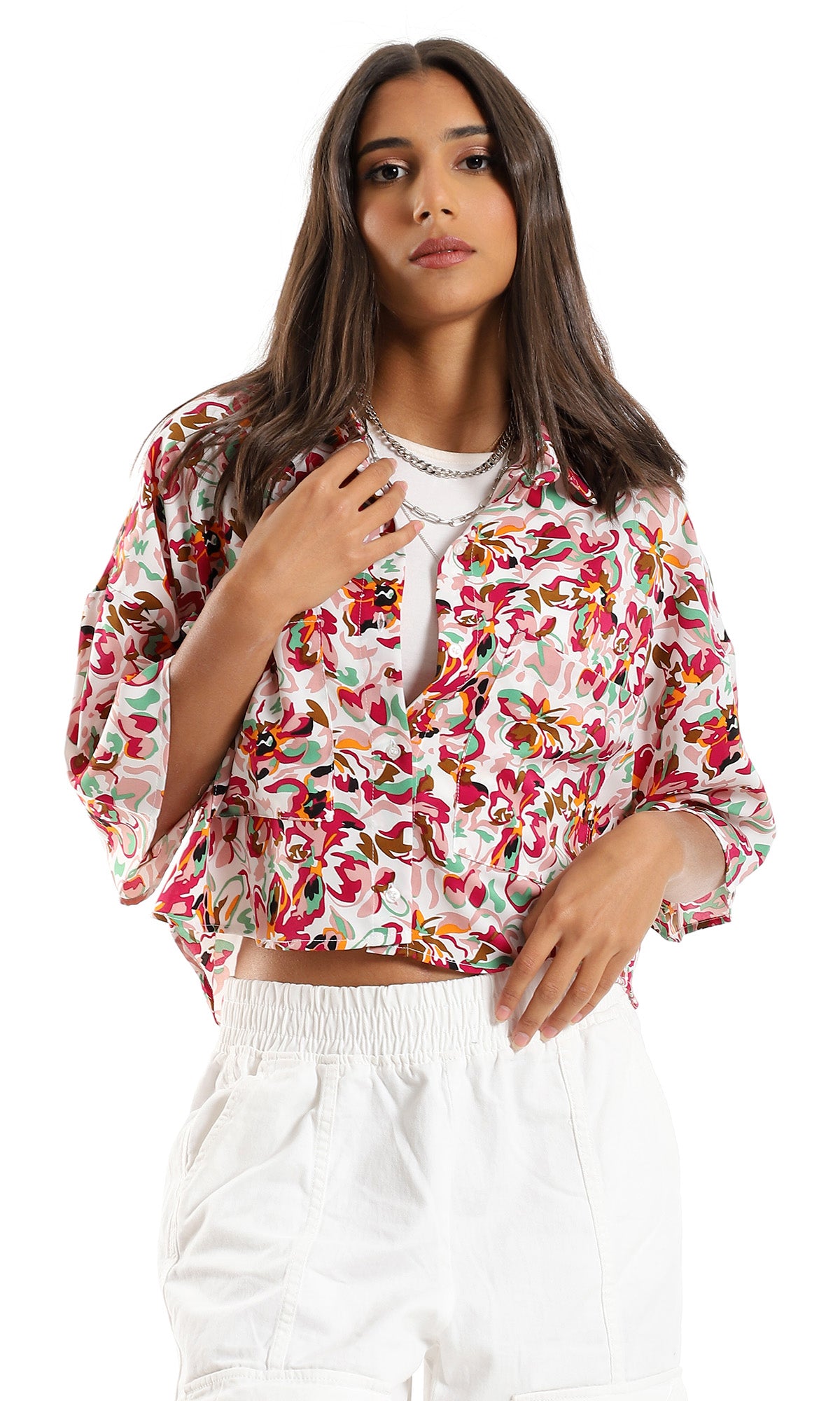 97492 Trendy Cropped Classic Neck Shirt - White & Fuchsia