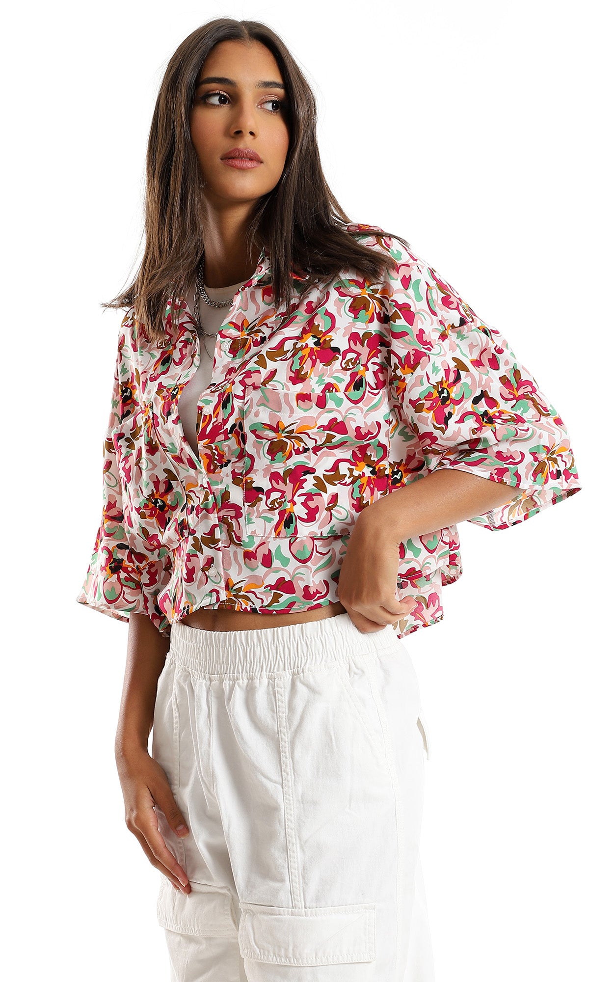 97492 Trendy Cropped Classic Neck Shirt - White & Fuchsia