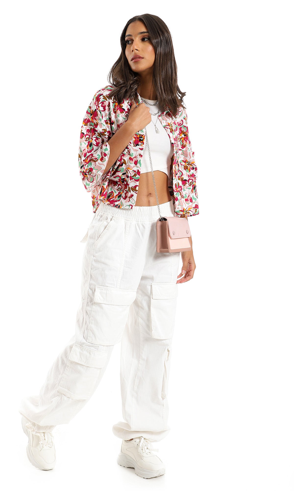 97492 Trendy Cropped Classic Neck Shirt - White & Fuchsia