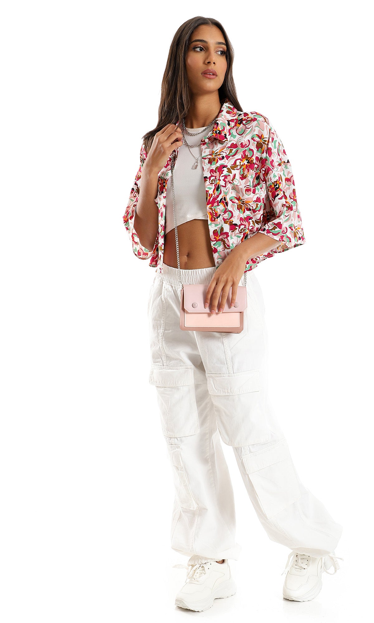 97492 Trendy Cropped Classic Neck Shirt - White & Fuchsia