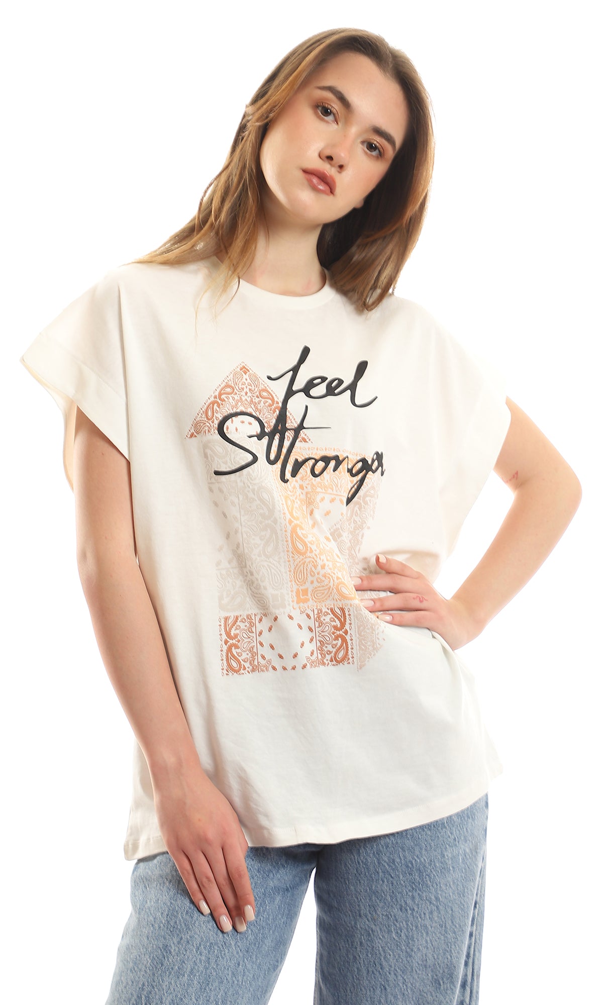 97527 Printed "Feel Strong" Off-White Summer Tee