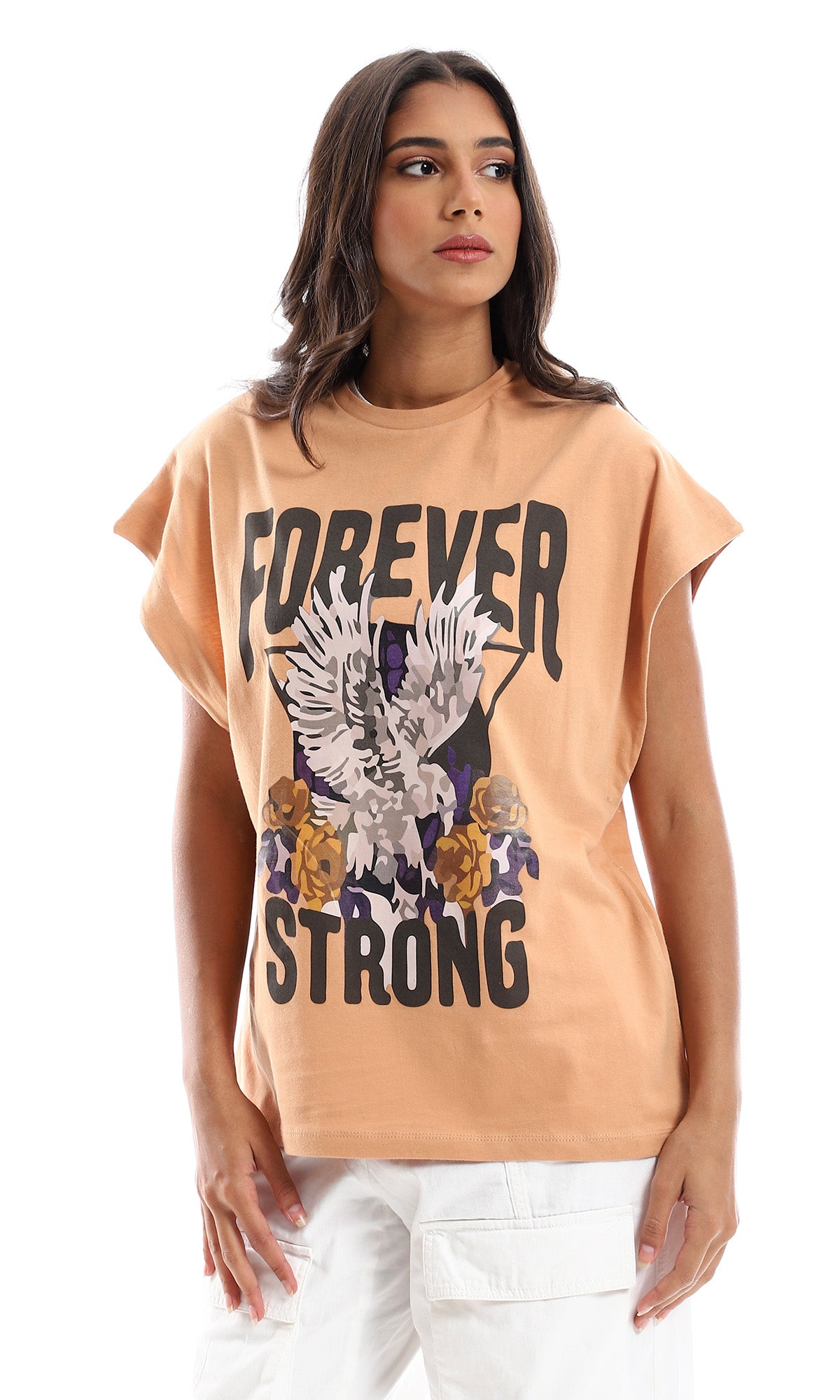 97530 Printed " Forever Strong" Cotton Standard T-Shirt - Camel