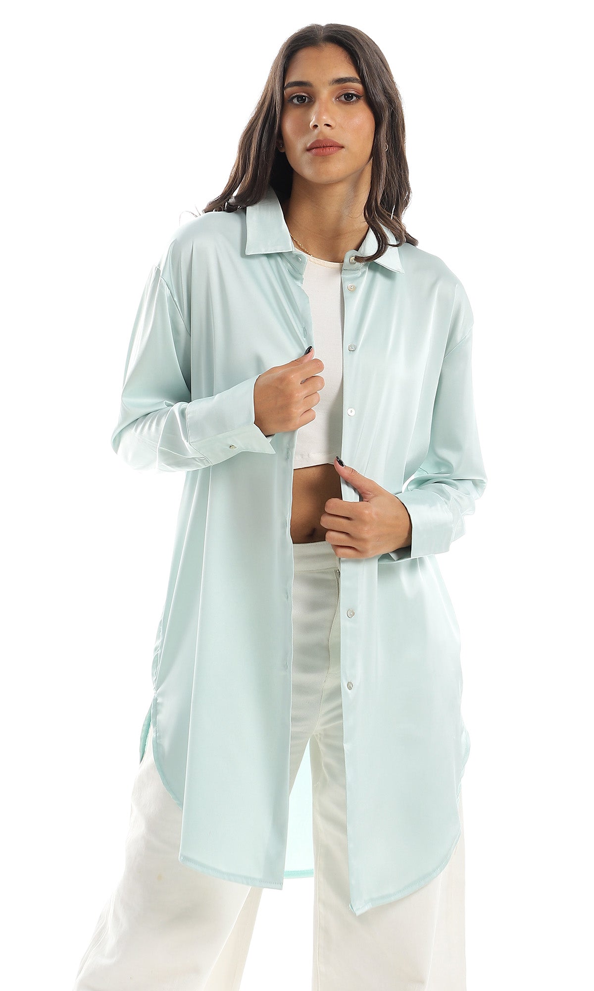 97534 Side Slited Full Buttoned Silk Accent Light Mint Shirt