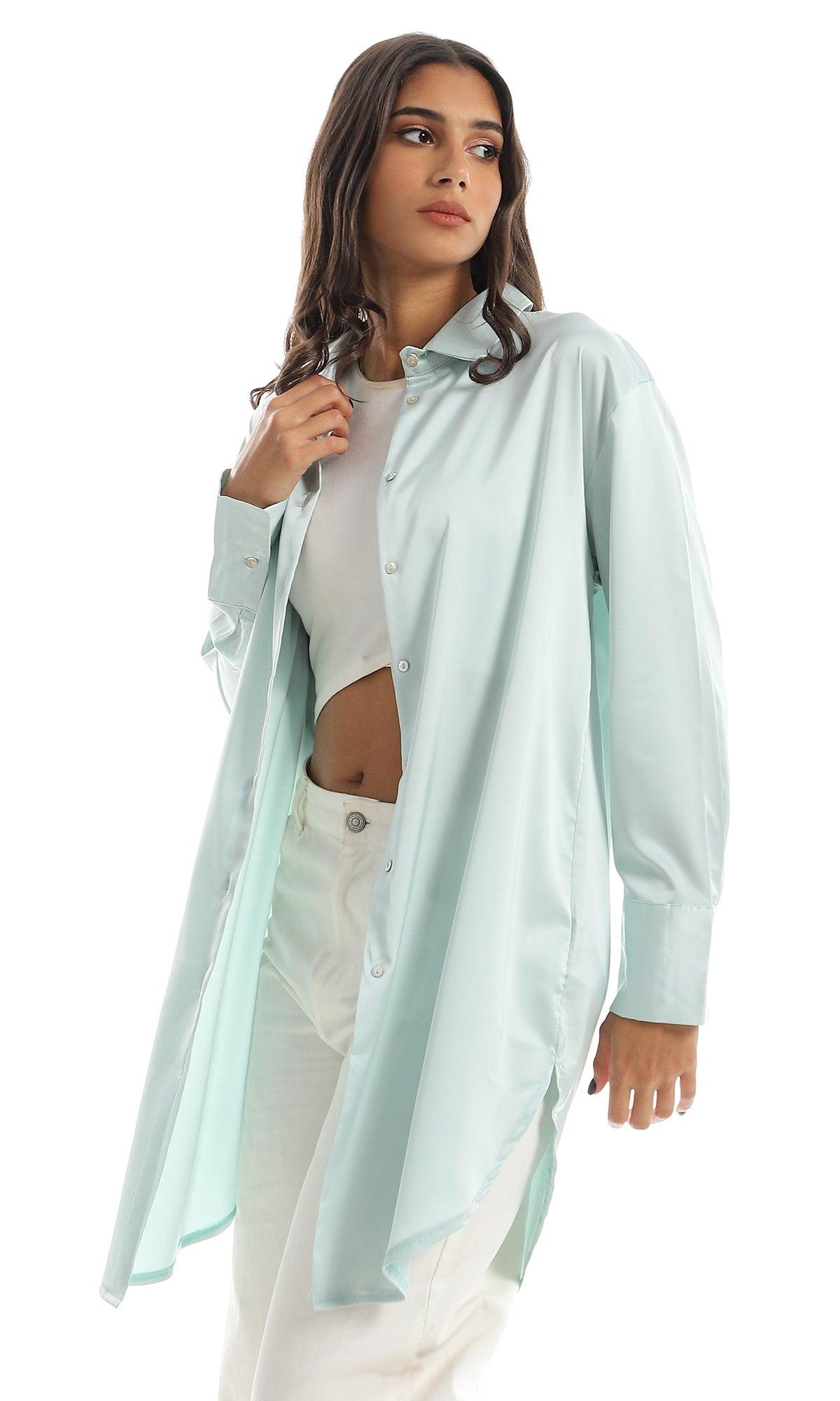 97534 Side Slited Full Buttoned Silk Accent Light Mint Shirt