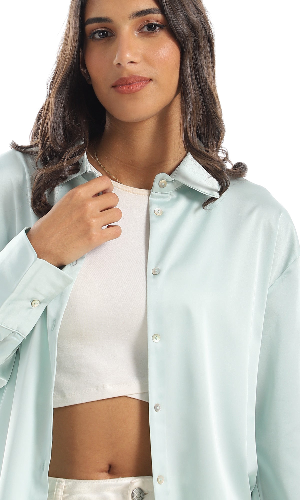 97534 Side Slited Full Buttoned Silk Accent Light Mint Shirt