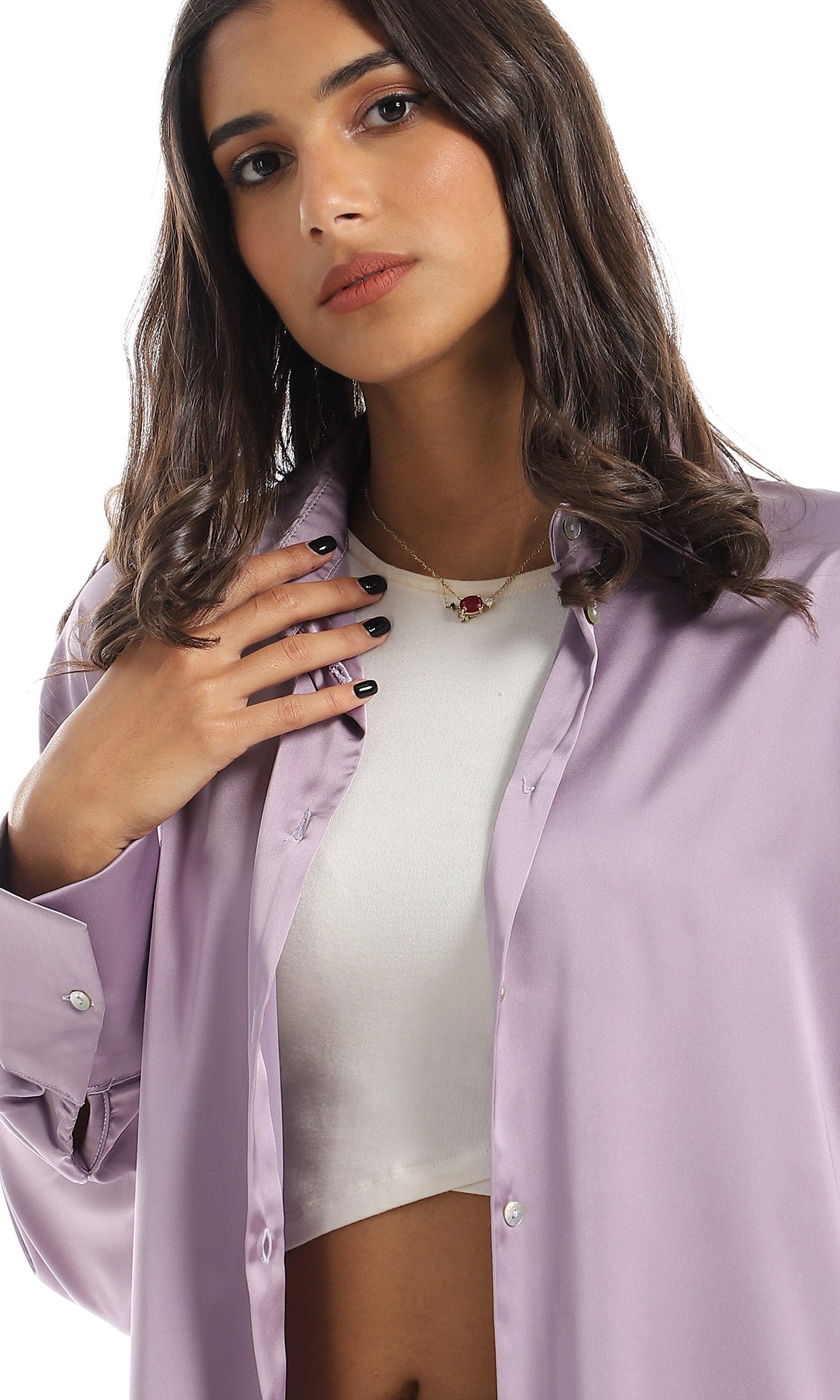 97536 Silk Accent Side Slited Buttoned Down Lavender Shirt