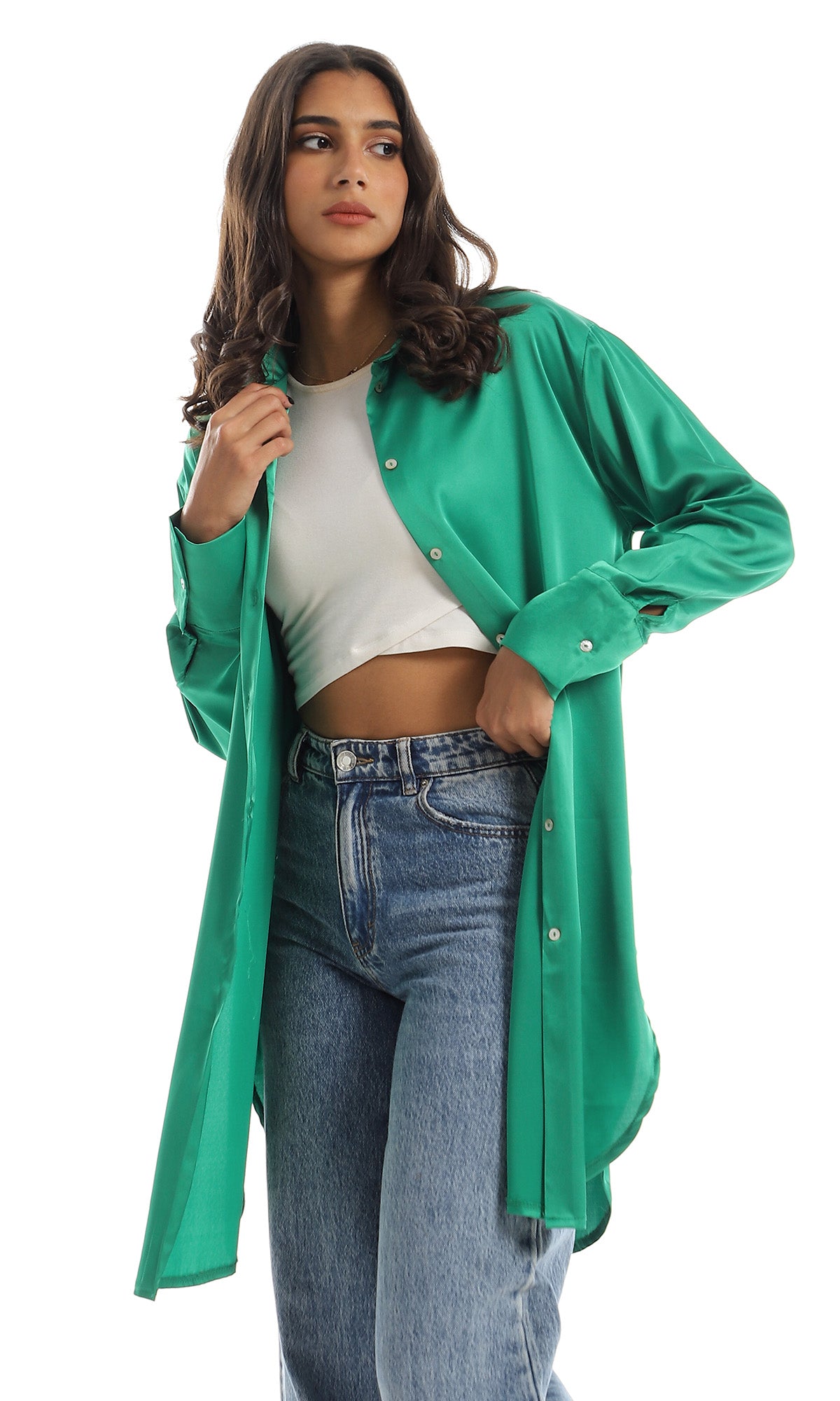 97538 Side Slited Silk Accent Green Buttoned Down Shirt