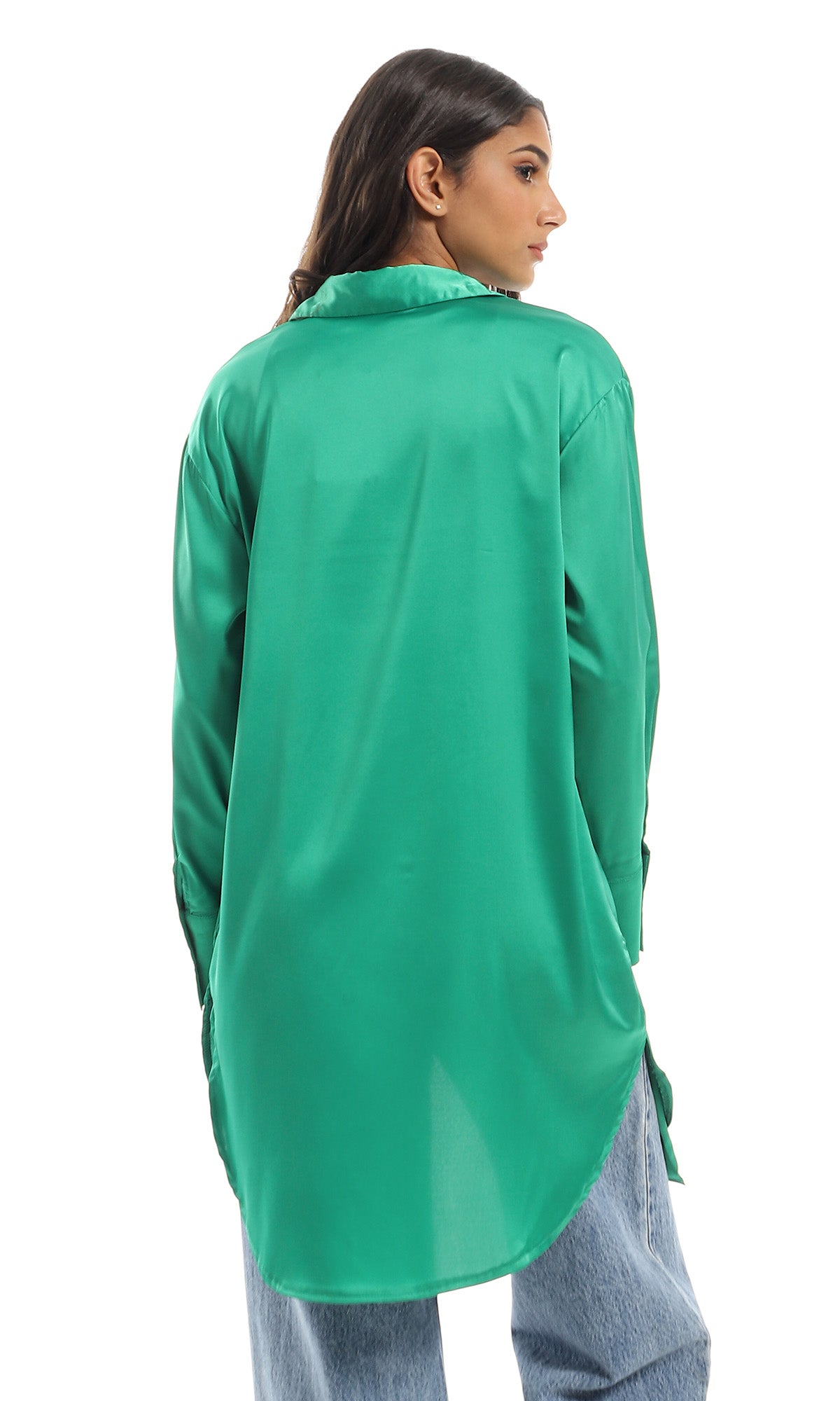 97538 Side Slited Silk Accent Green Buttoned Down Shirt