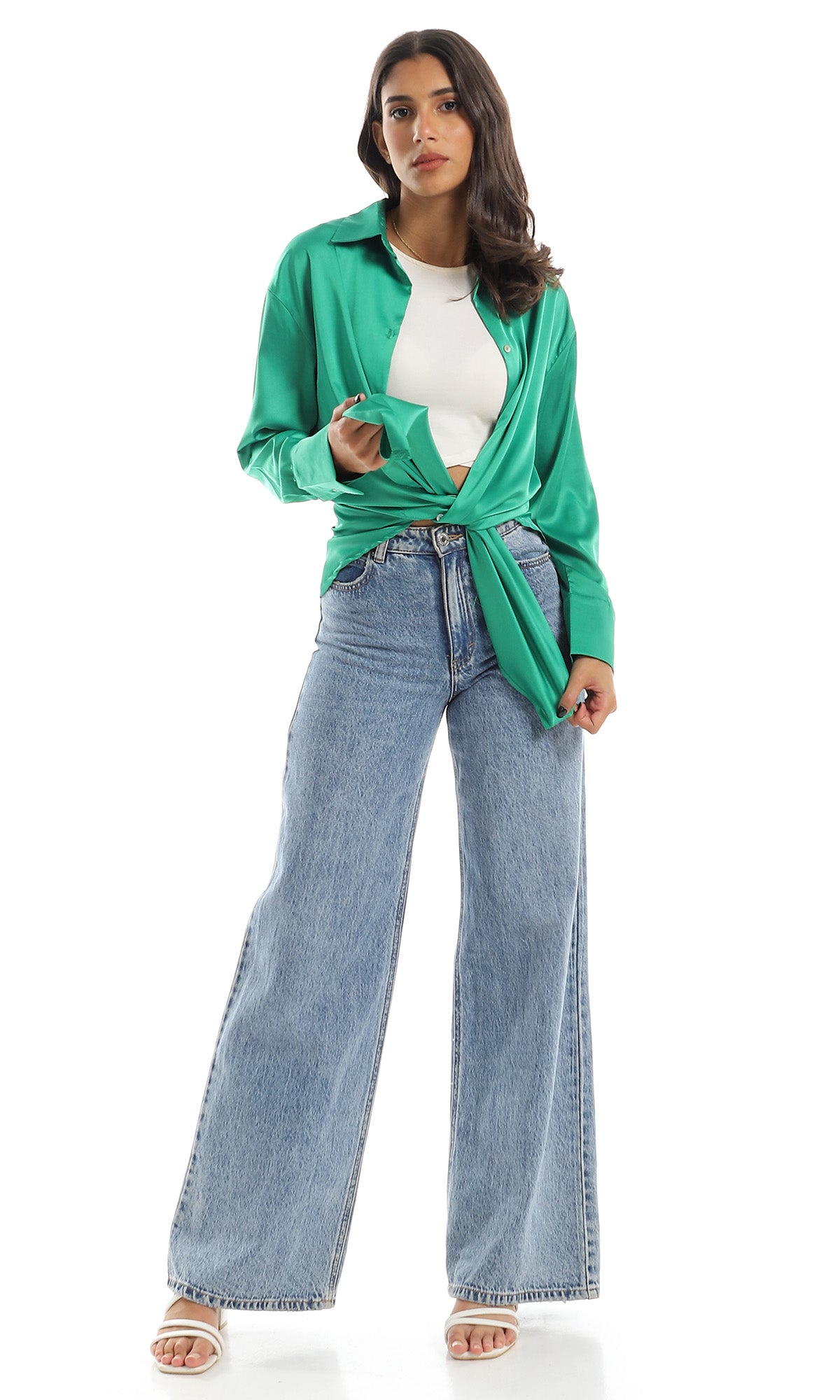 97538 Side Slited Silk Accent Green Buttoned Down Shirt