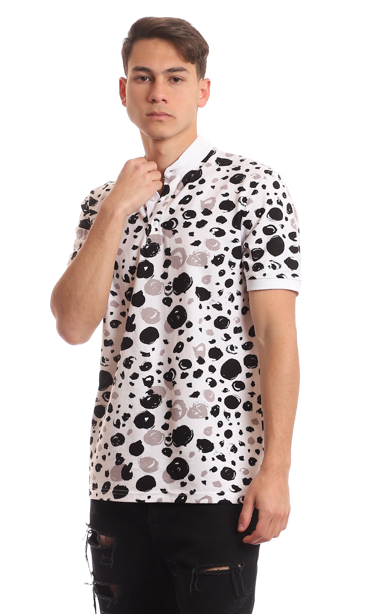 Monochrome Abstract Print Mandarin Collar Henley - 97559