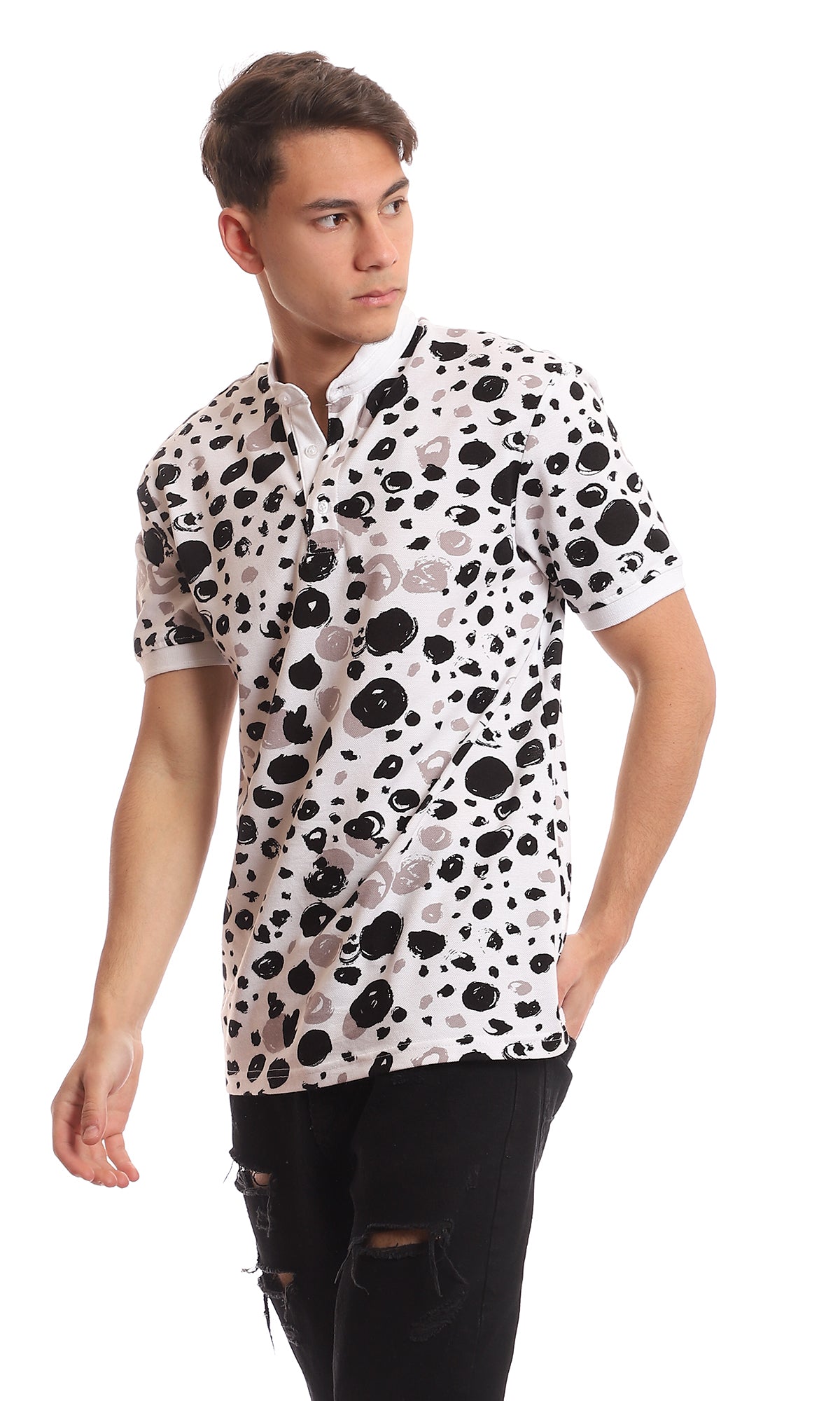 Monochrome Abstract Print Mandarin Collar Henley - 97559