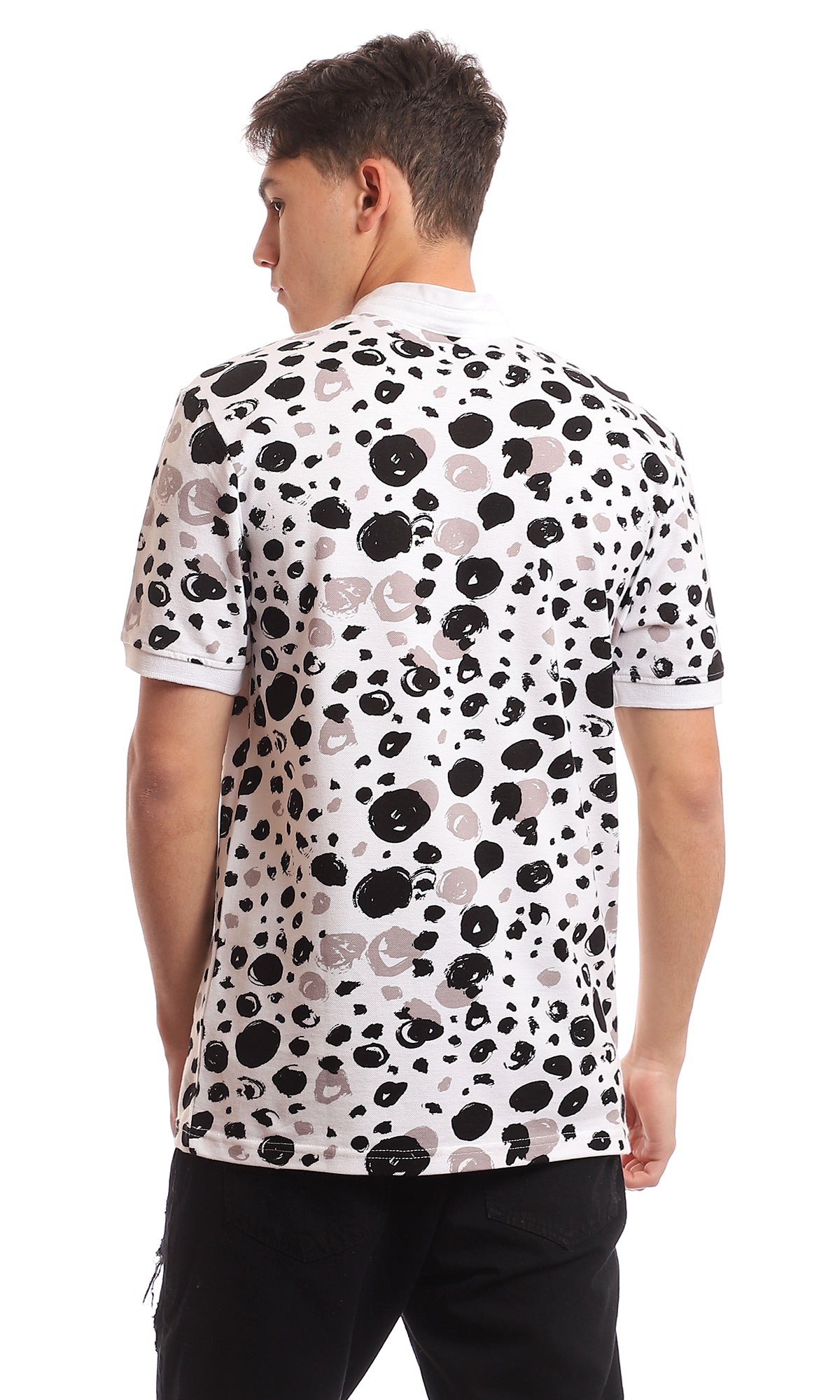 Monochrome Abstract Print Mandarin Collar Henley - 97559