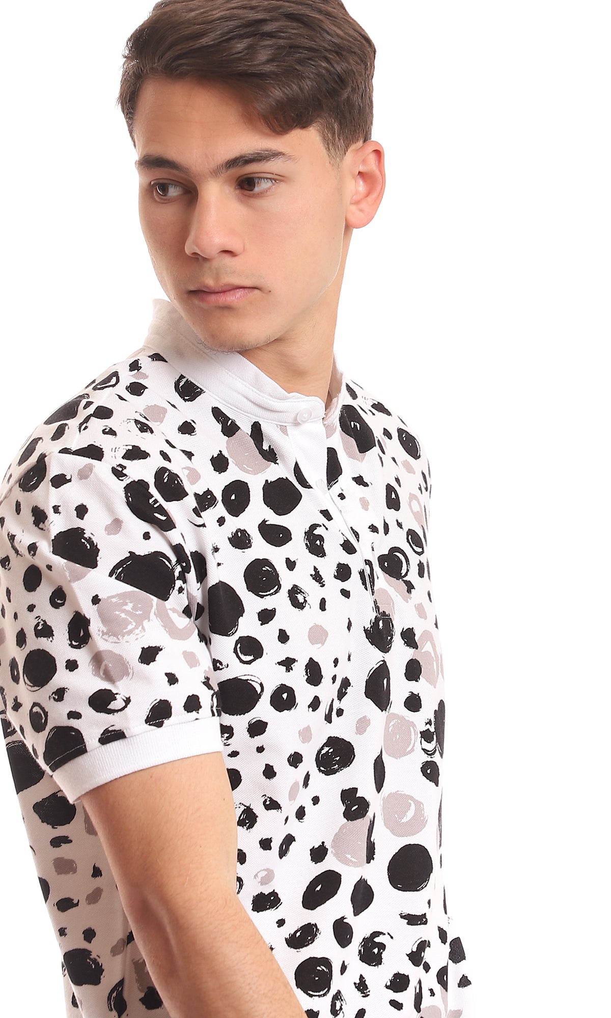 Monochrome Abstract Print Mandarin Collar Henley - 97559
