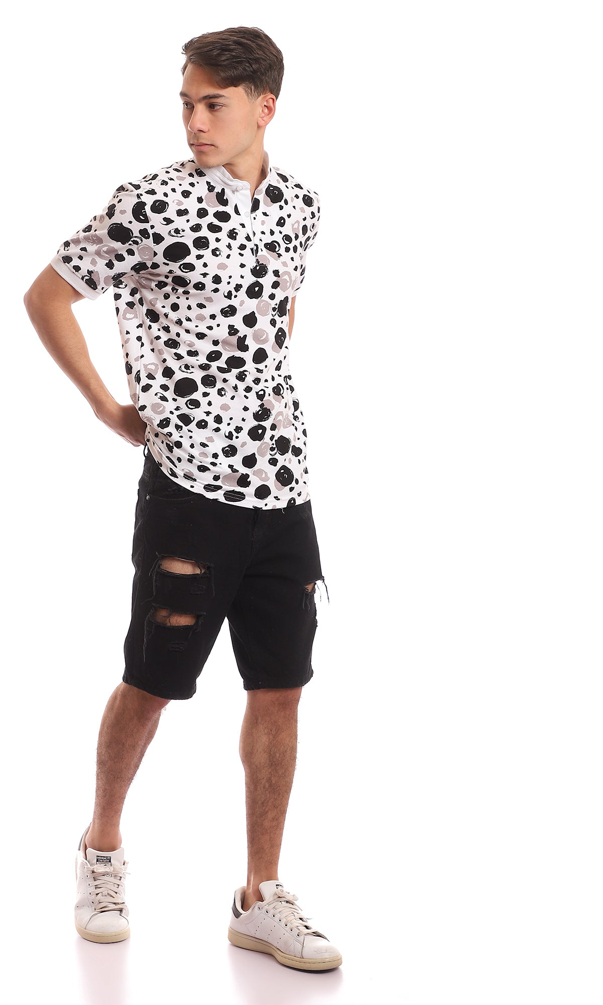 Monochrome Abstract Print Mandarin Collar Henley - 97559