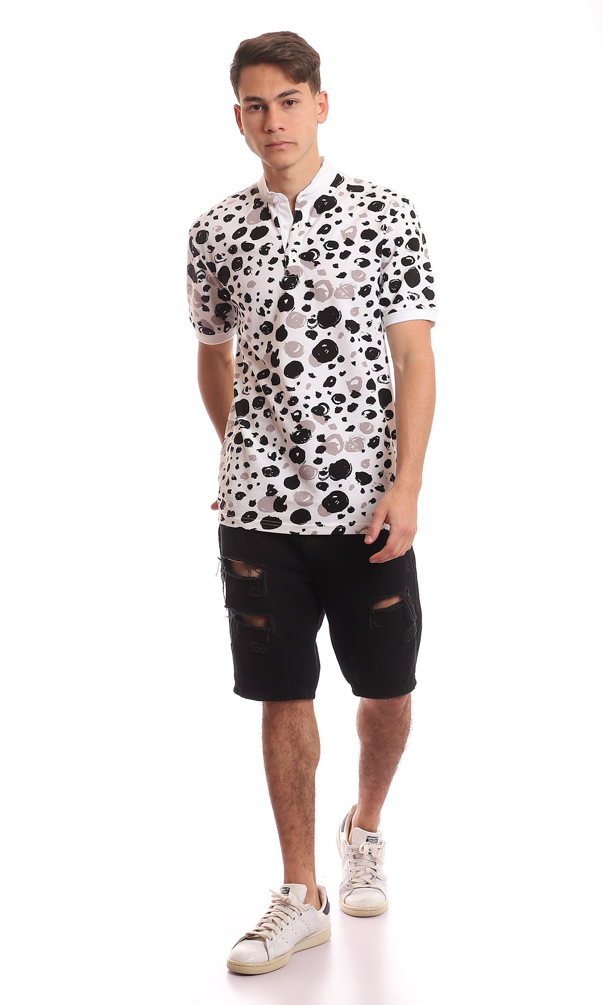 Monochrome Abstract Print Mandarin Collar Henley - 97559