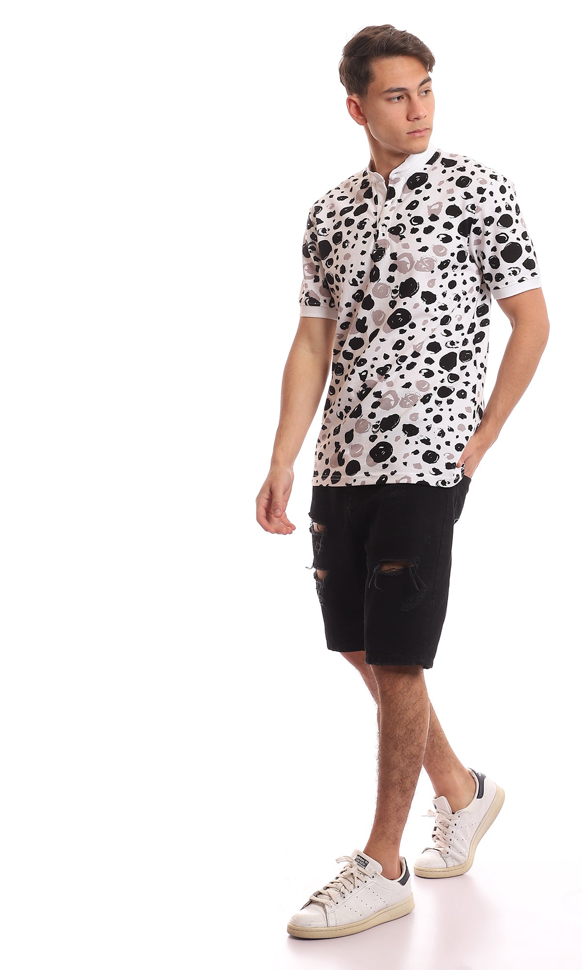 Monochrome Abstract Print Mandarin Collar Henley - 97559