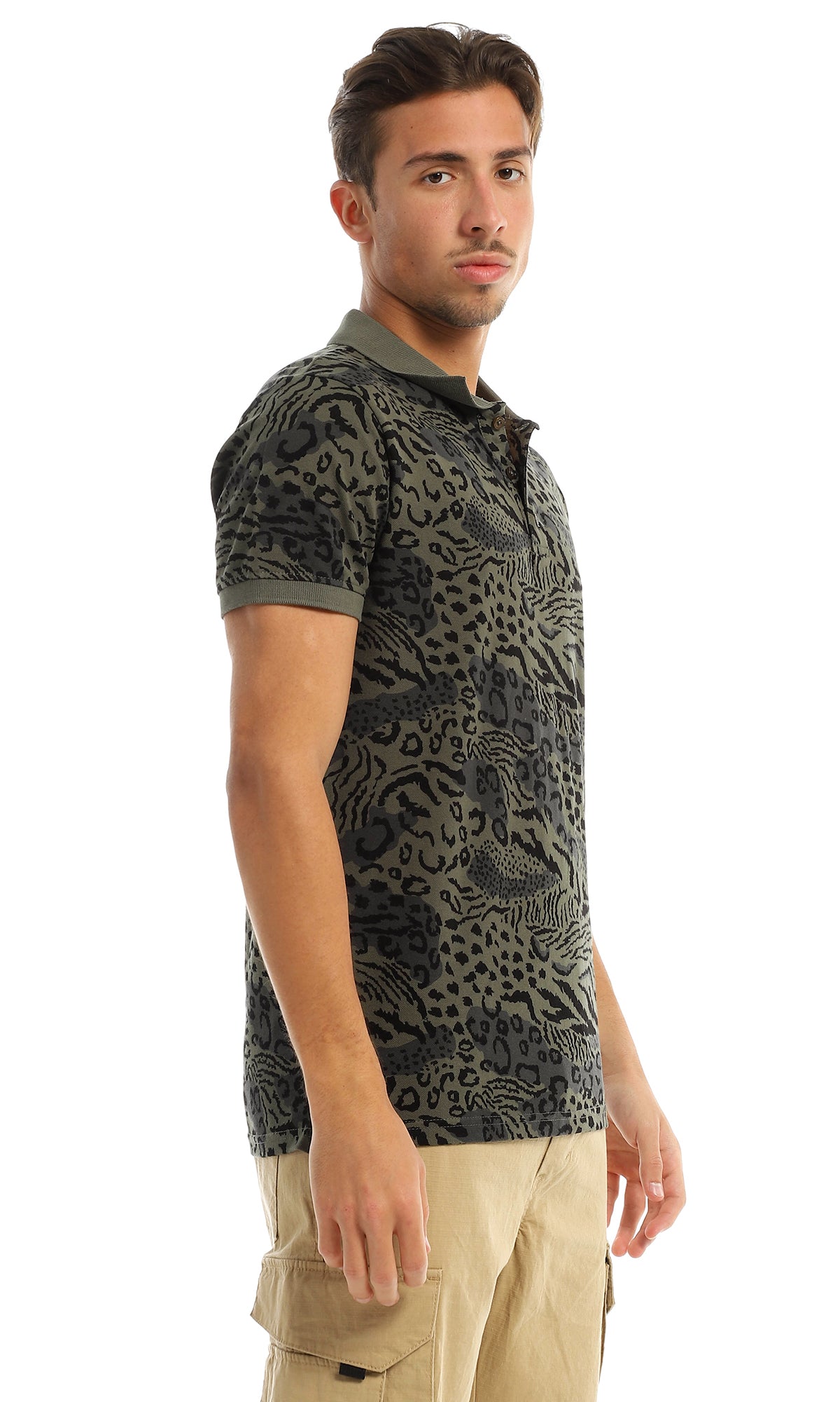 97568 Animal Pattern Classic Collar Olive Polo Shirt