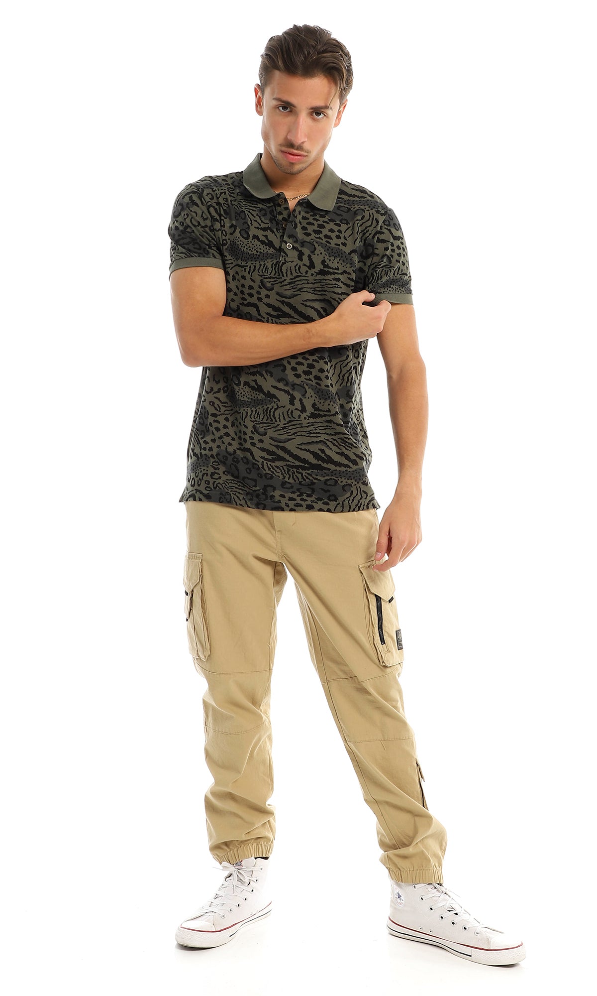 97568 Animal Pattern Classic Collar Olive Polo Shirt