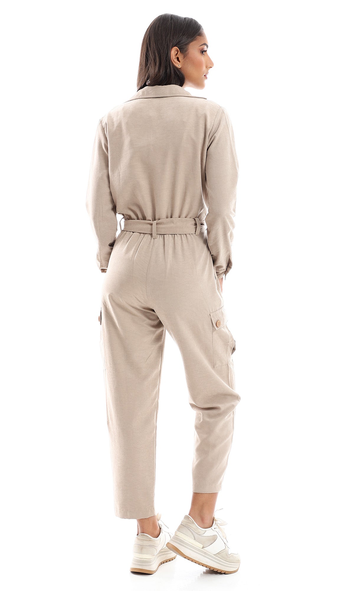 97575 Double Closure Full Sleeves Jumpsuit - Beige