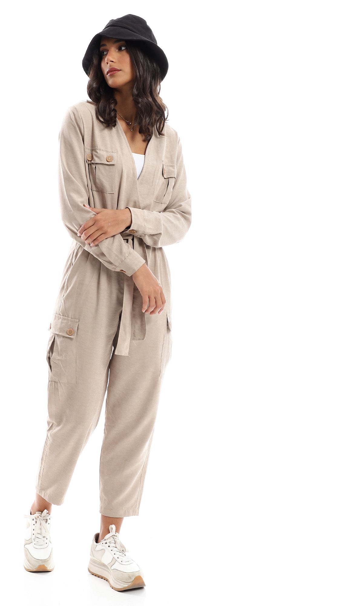 97575 Double Closure Full Sleeves Jumpsuit - Beige