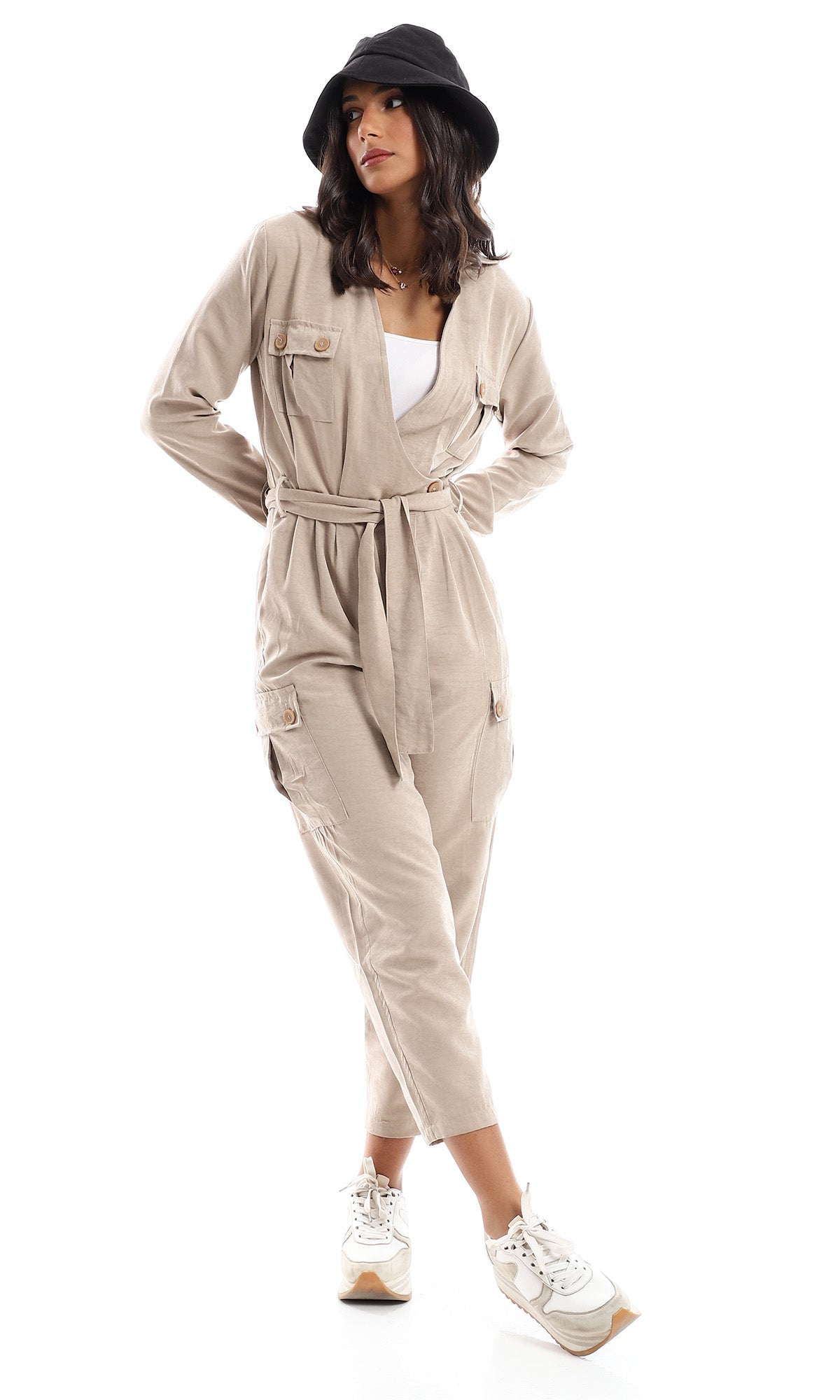 97575 Double Closure Full Sleeves Jumpsuit - Beige